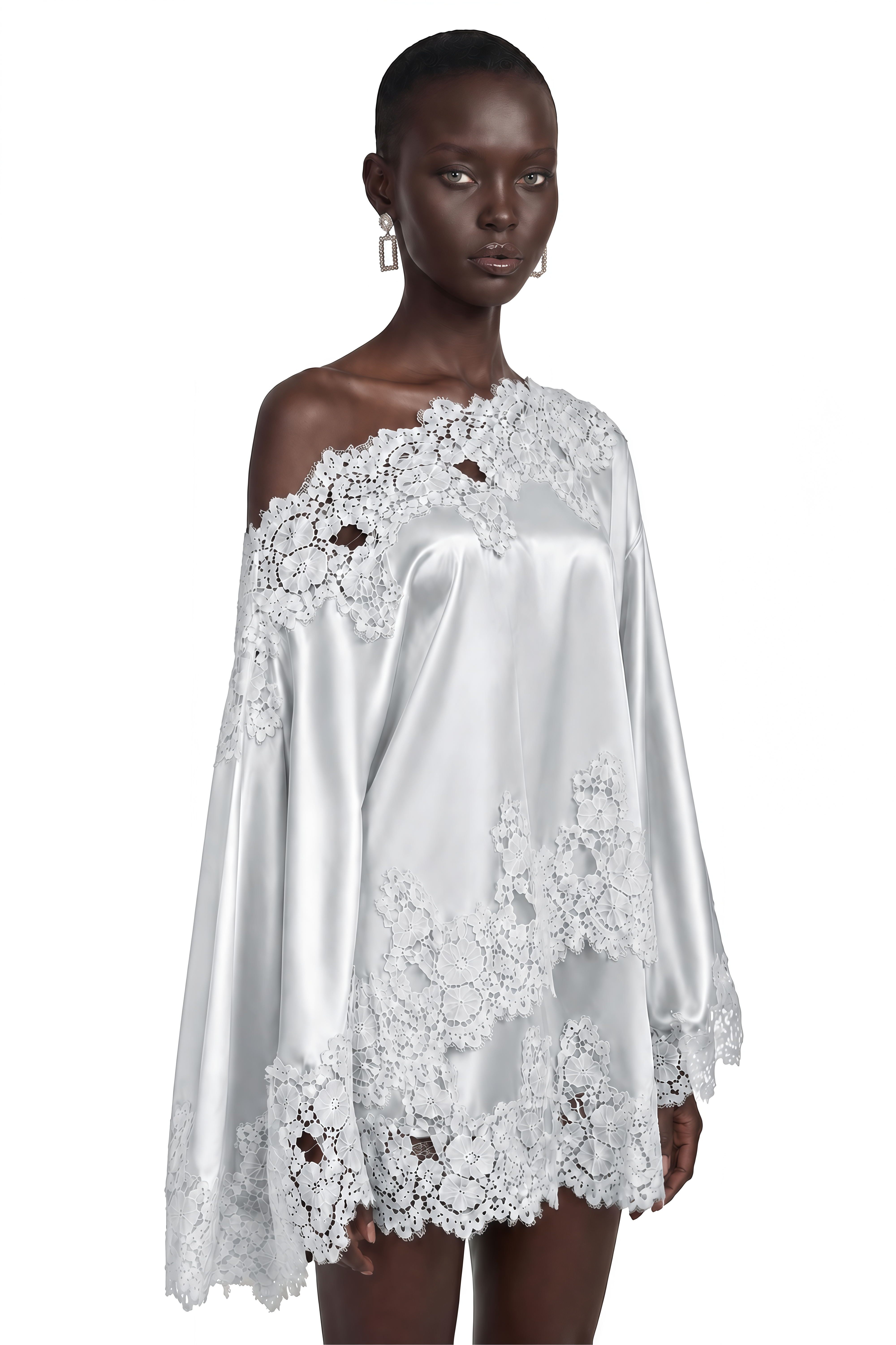 Sophia Silver One Shoulder Top & Skirt Set with Lace Trim
