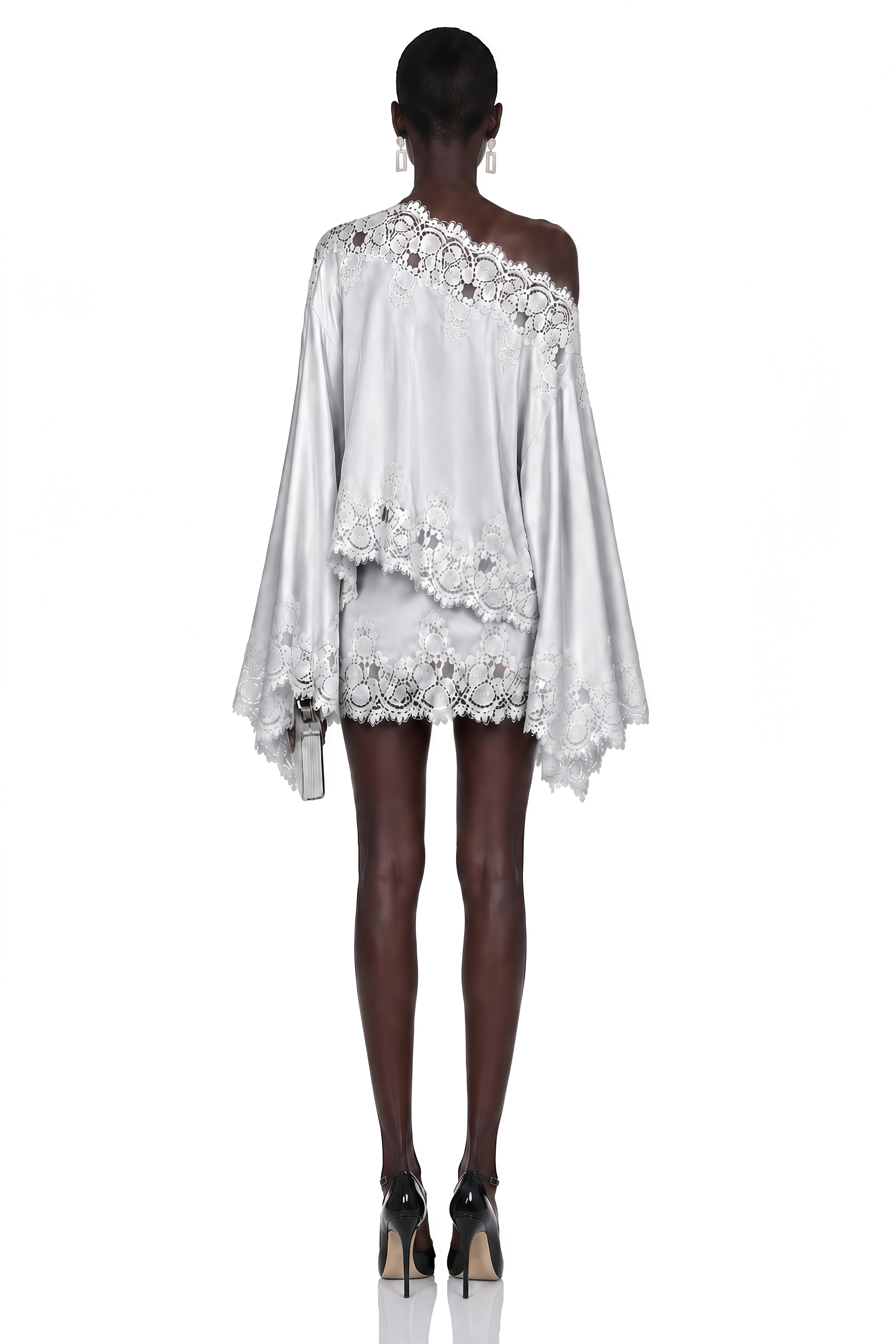 Sophia Silver One Shoulder Top & Skirt Set with Lace Trim