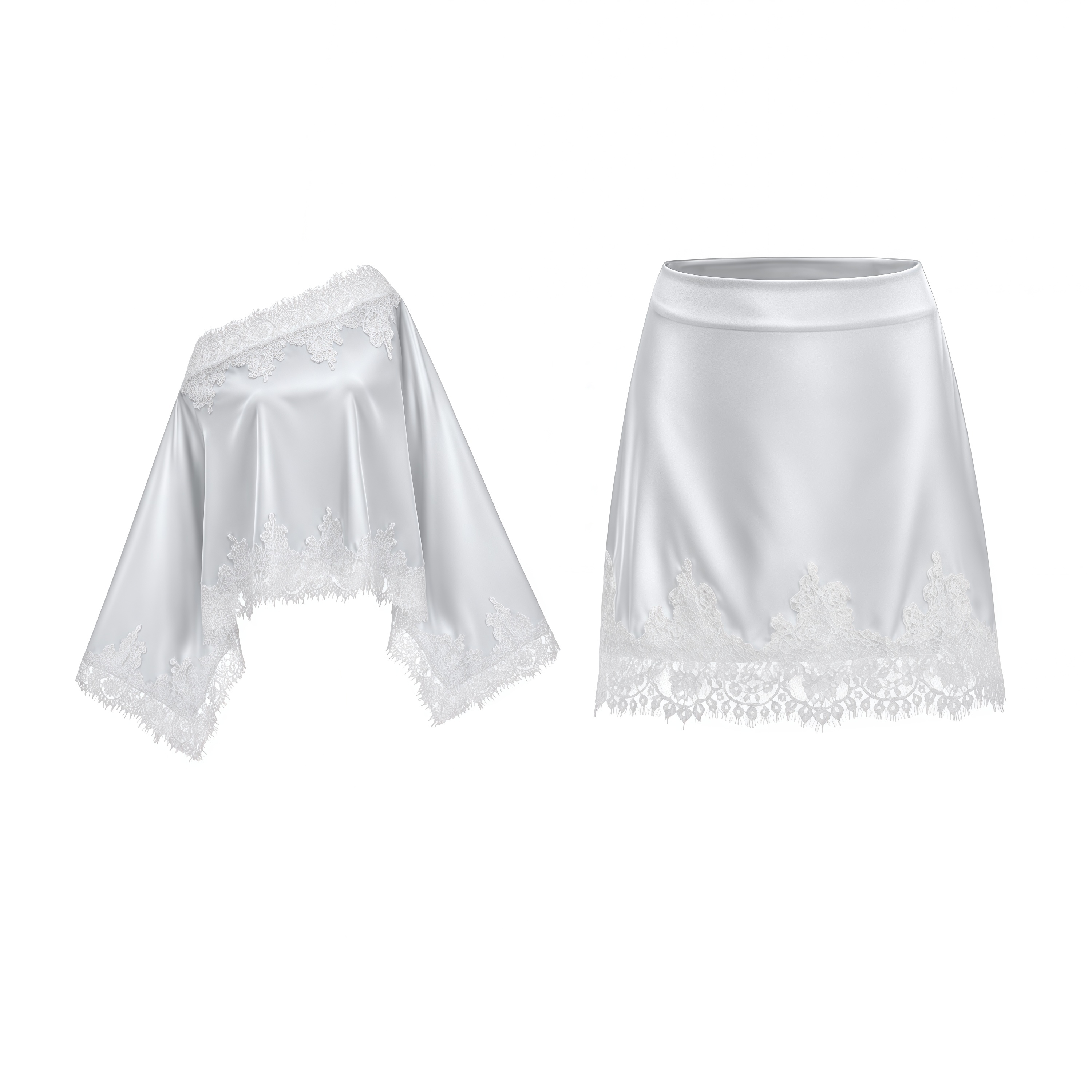 Sophia Silver One Shoulder Top & Skirt Set with Lace Trim