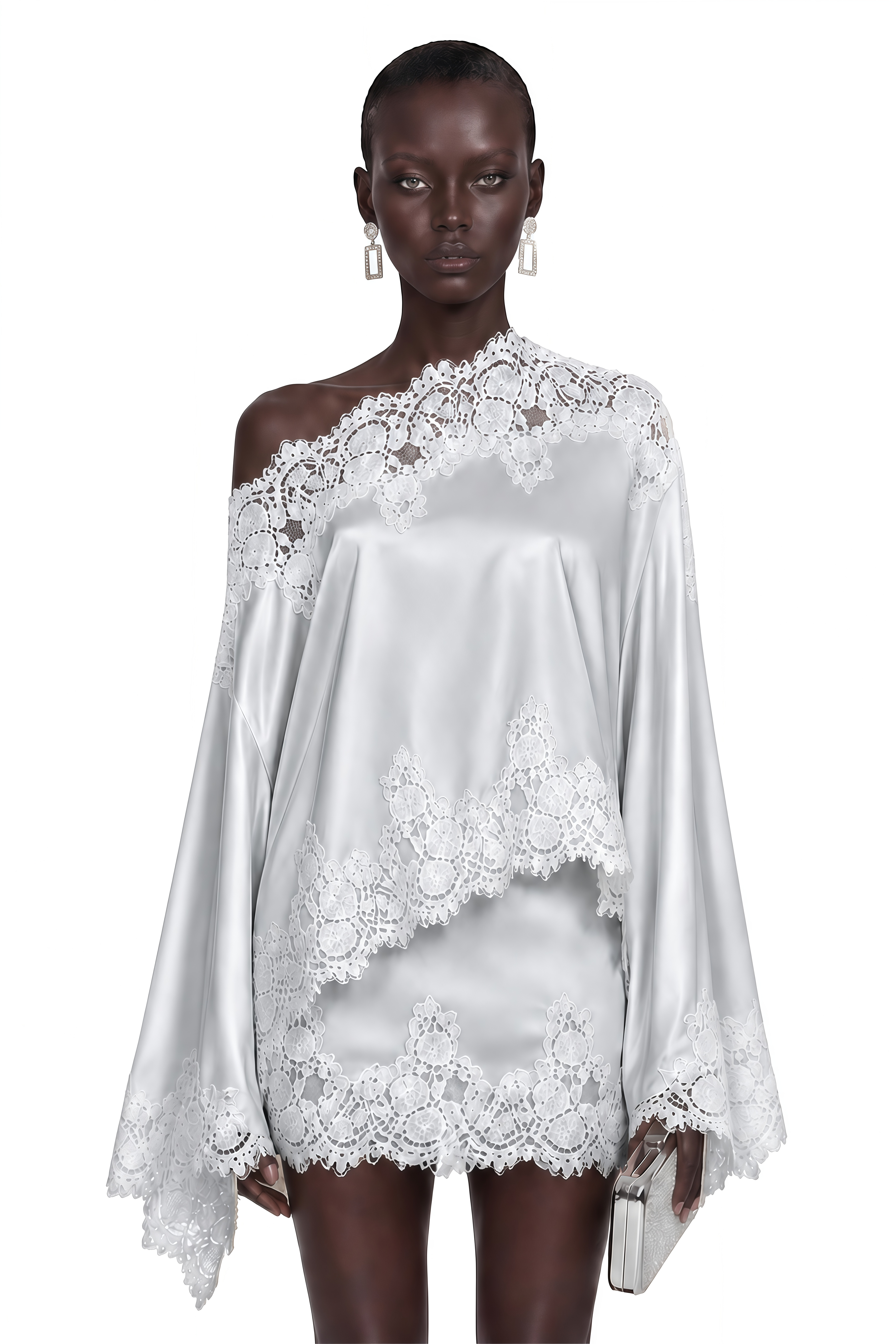 Sophia Silver One Shoulder Top & Skirt Set with Lace Trim
