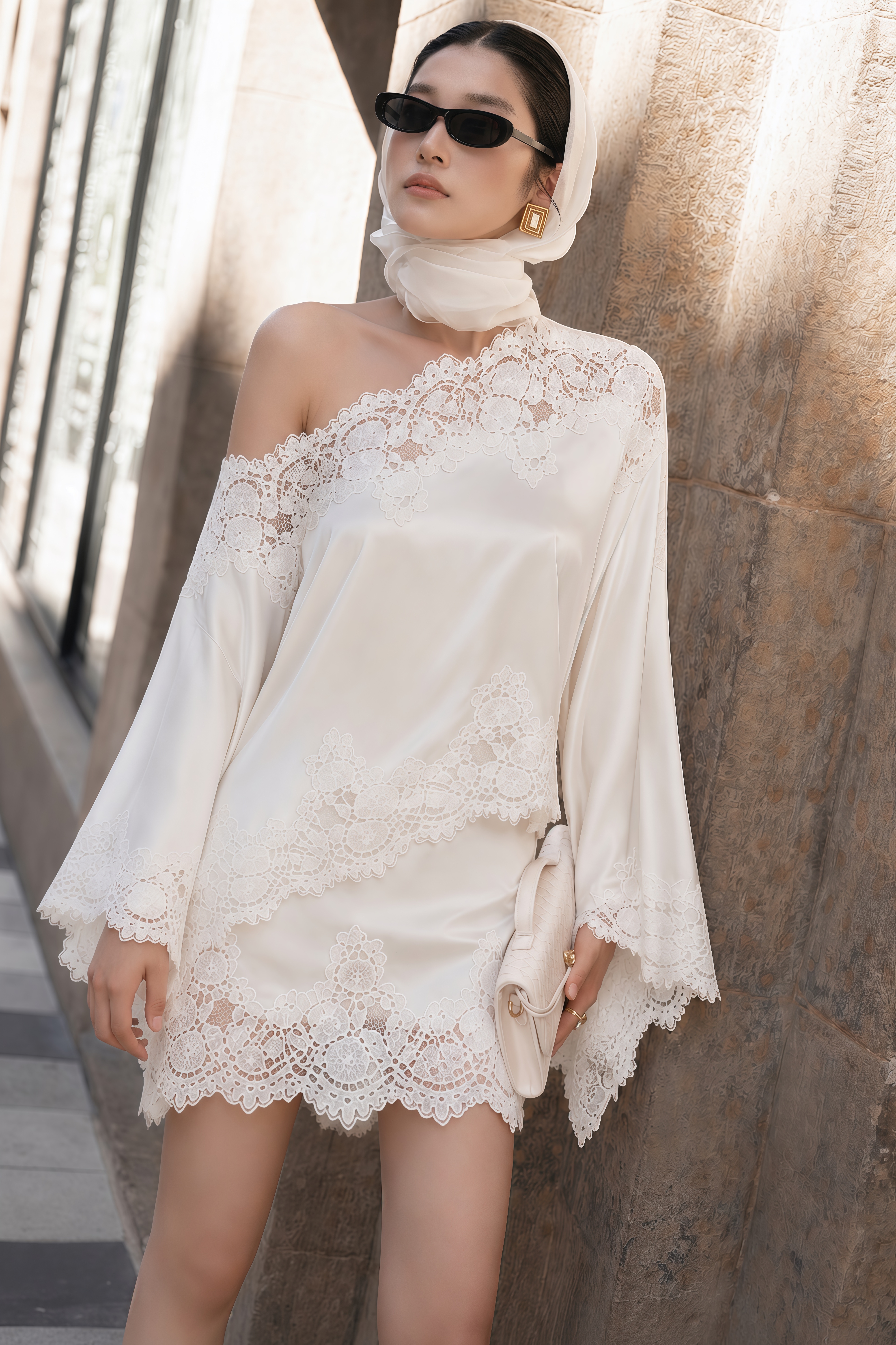 Sophia White One Shoulder Top & Skirt Set with Lace Trim