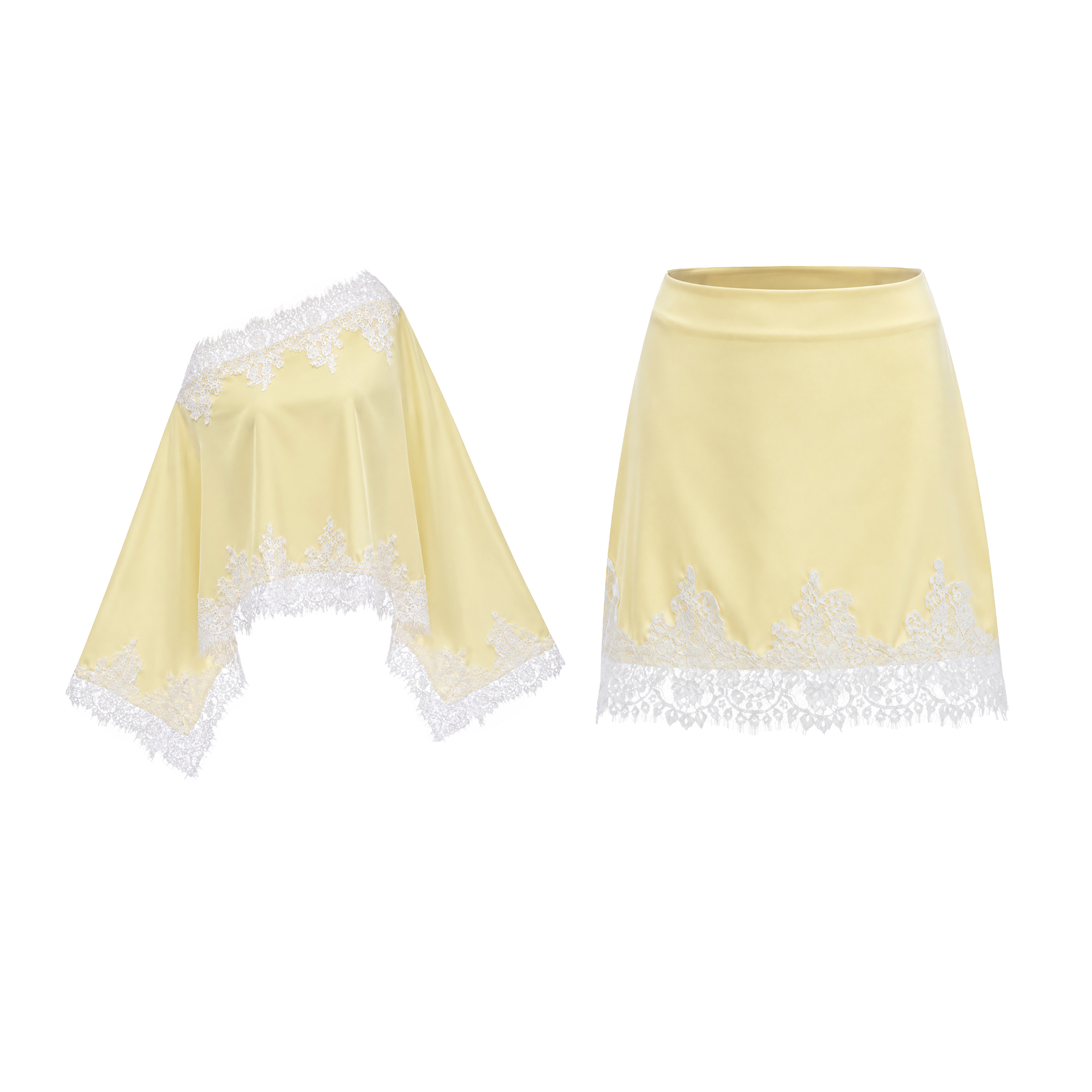 Sophia Yellow One Shoulder Top & Skirt Set with Lace Trim