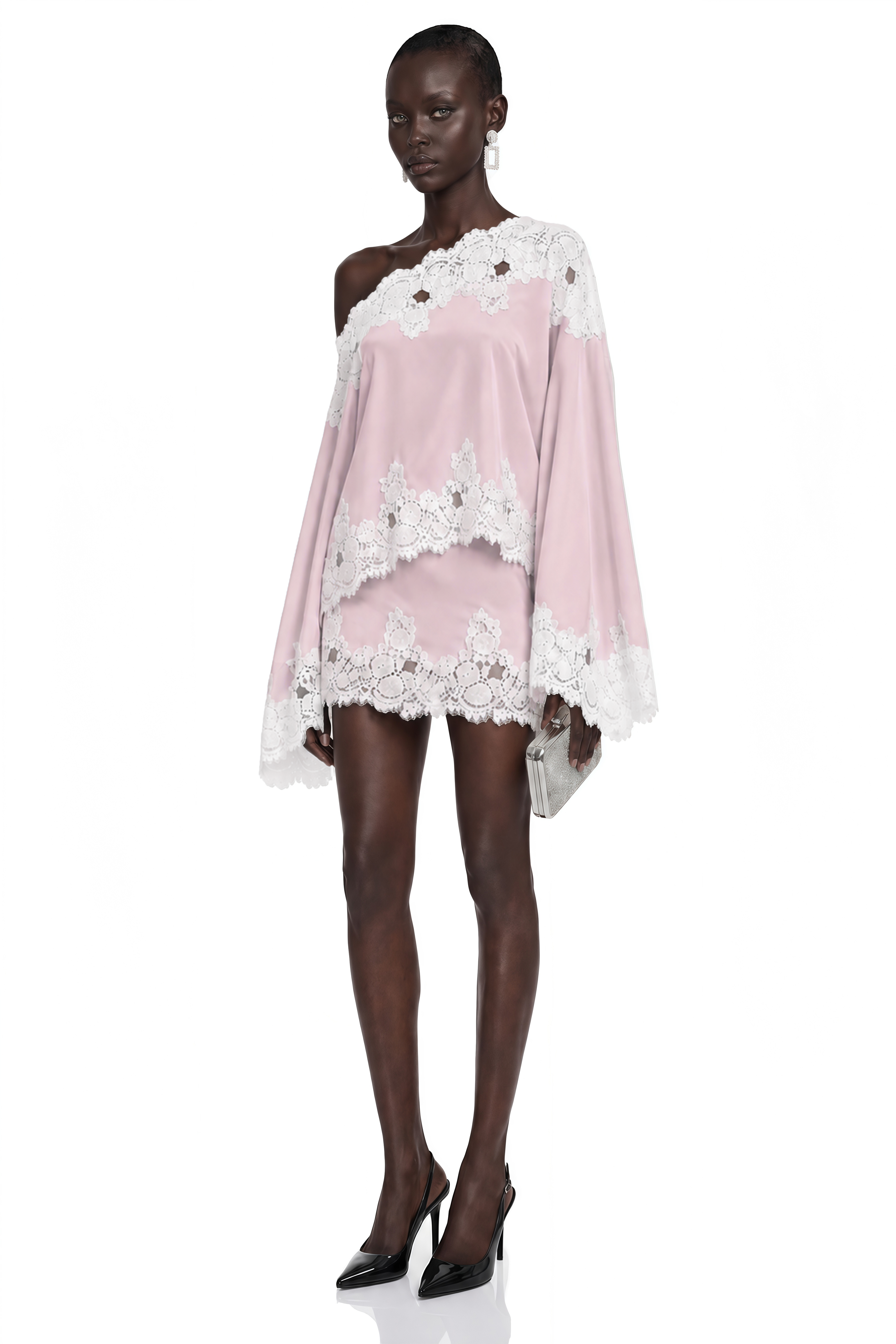 Sophia Pink One Shoulder Top & Skirt Set with Lace Trim