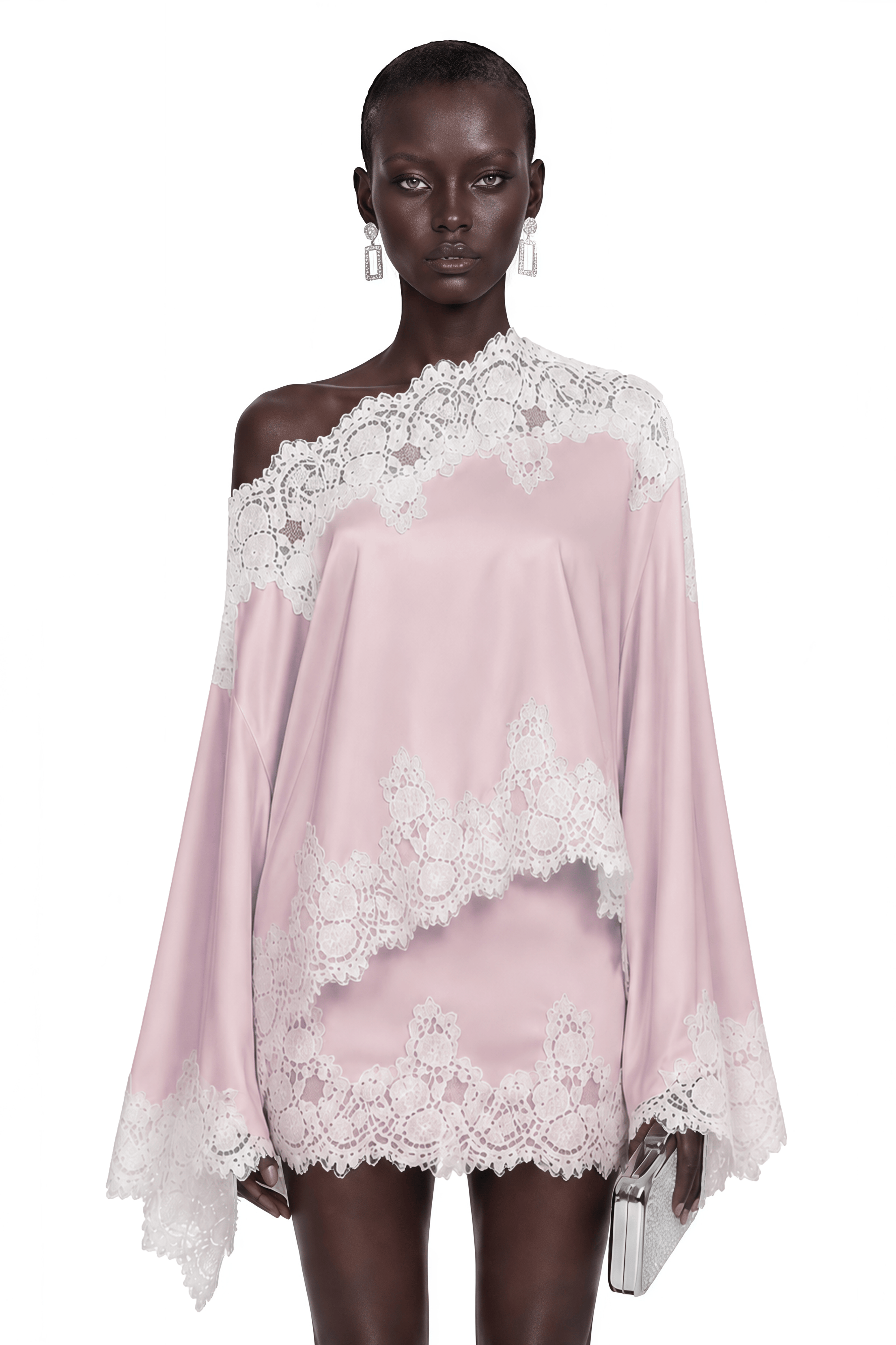 Sophia Pink One Shoulder Top & Skirt Set with Lace Trim