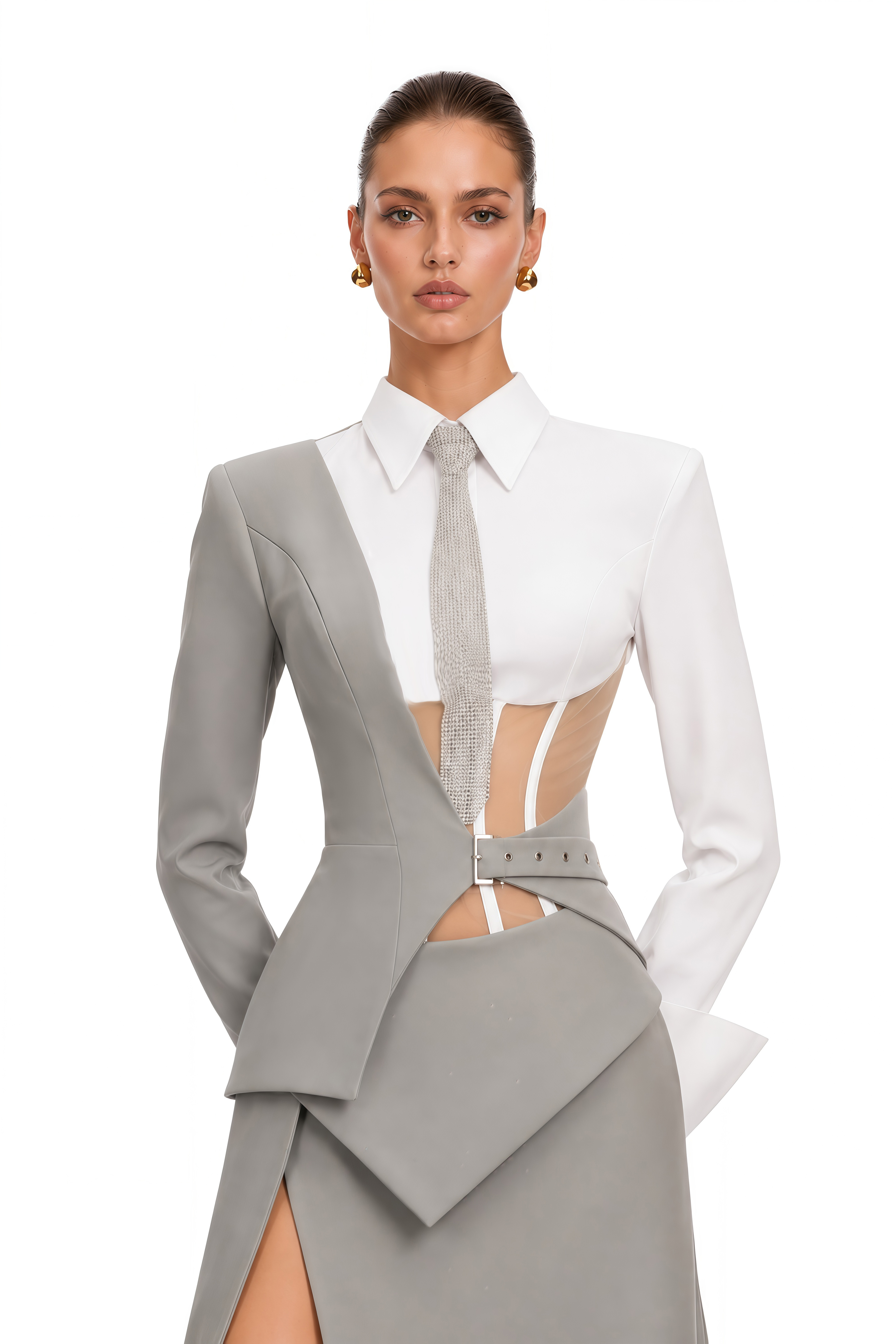 Sophie Grey Asymmetrical Tailored Bodysuit & Maxi Skirt Set