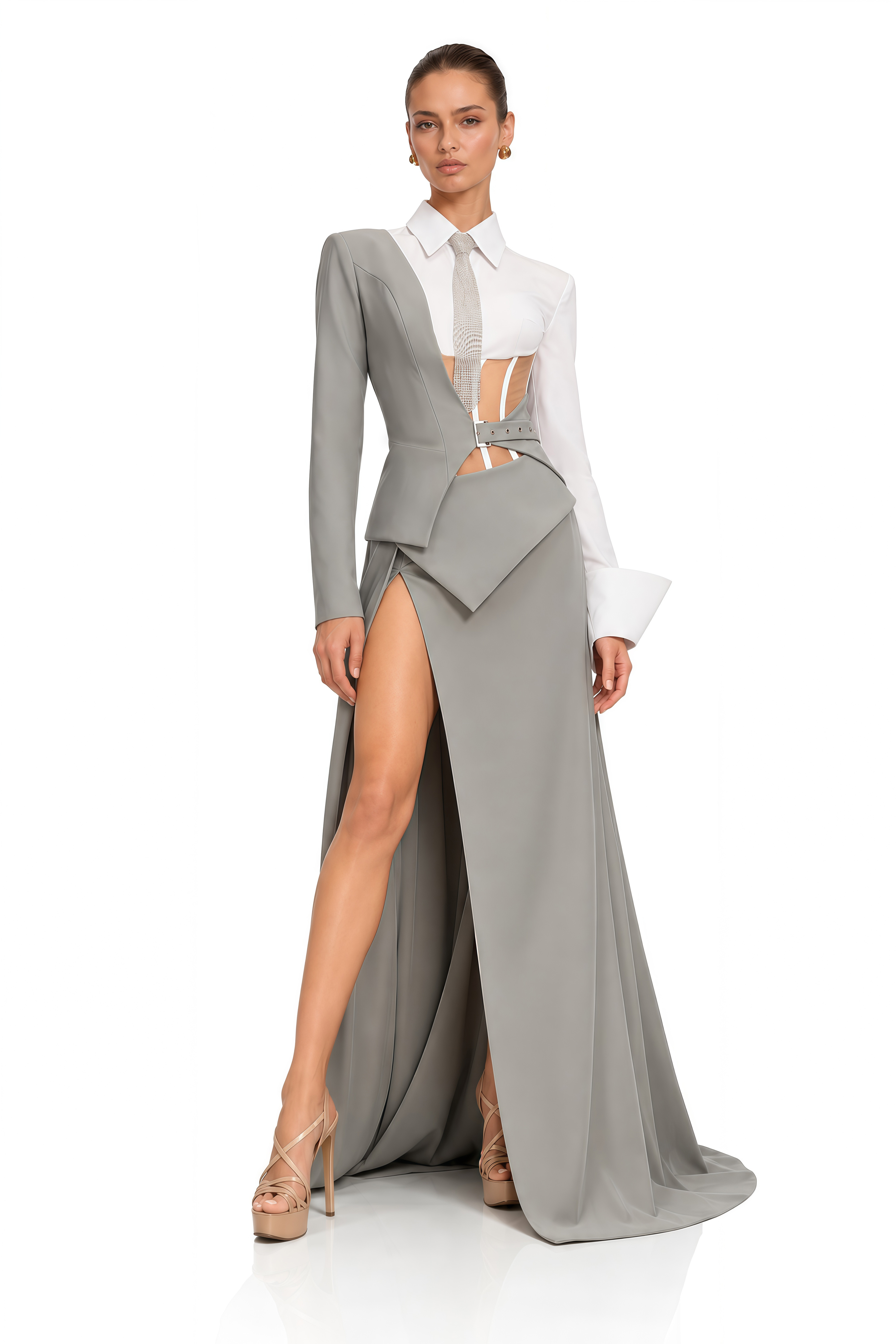 Sophie Grey Asymmetrical Tailored Bodysuit & Maxi Skirt Set