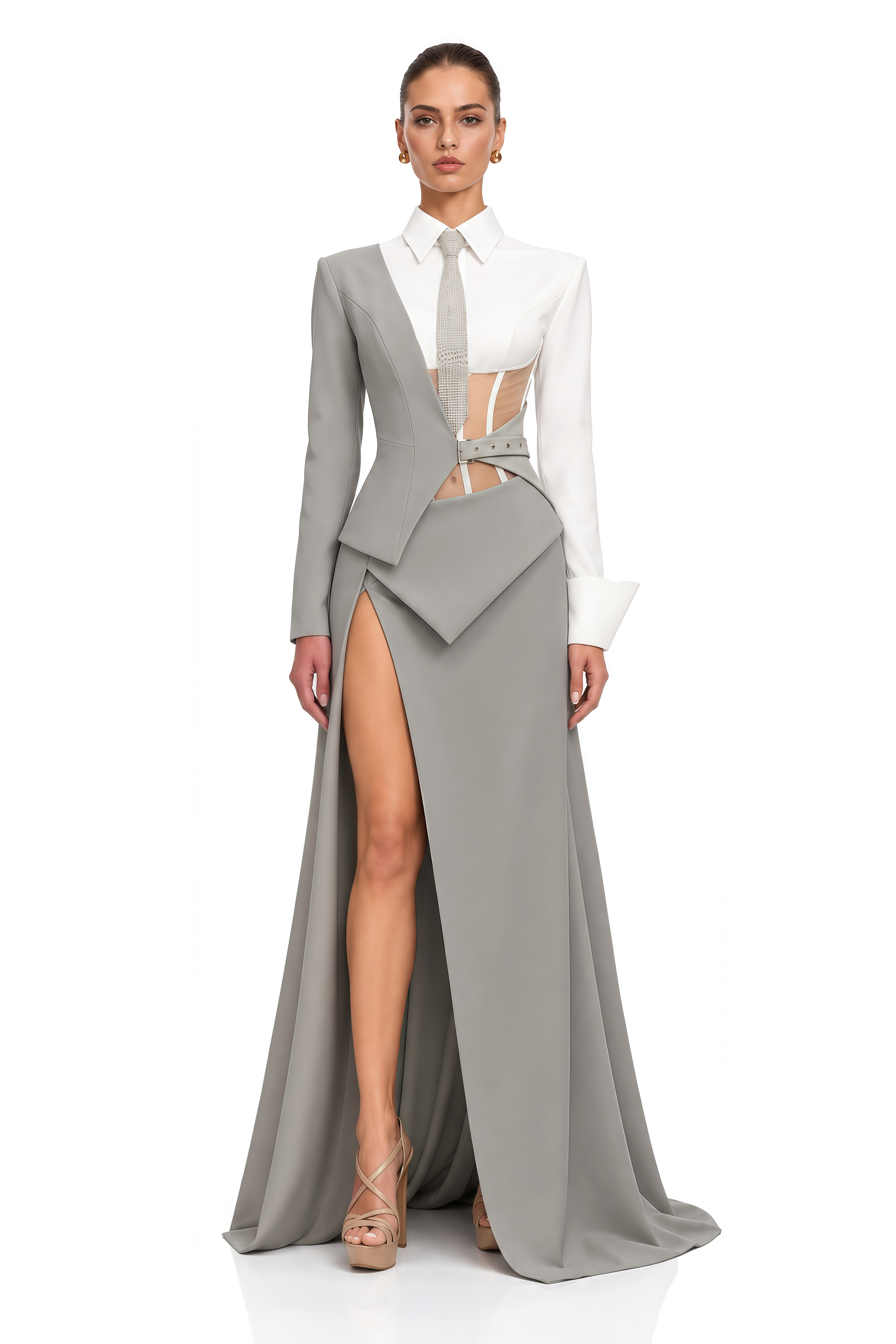 Sophie Grey Asymmetrical Tailored Bodysuit & Maxi Skirt Set