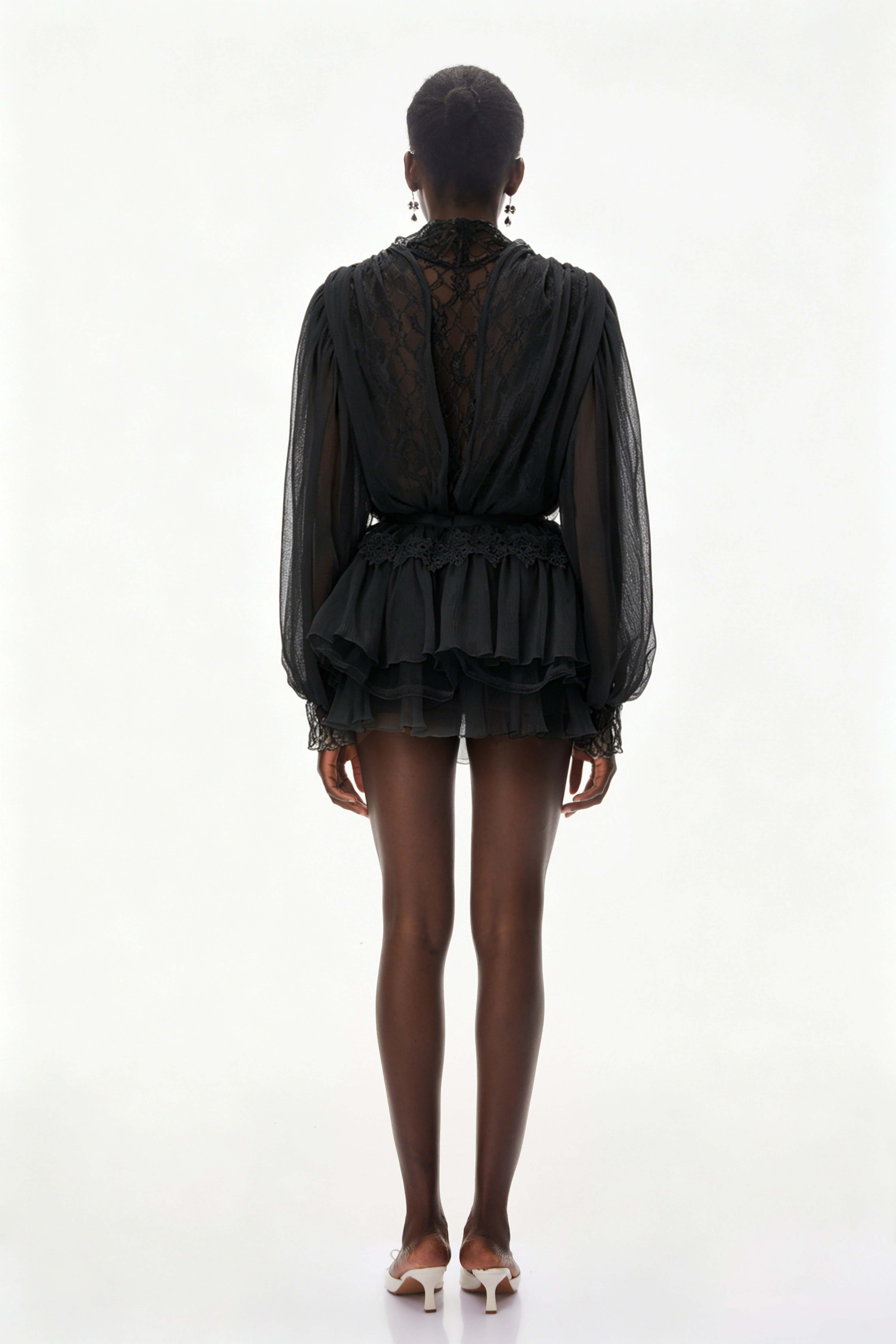 Black Sheer Lace Lantern Sleeve Layered Mini Dress
