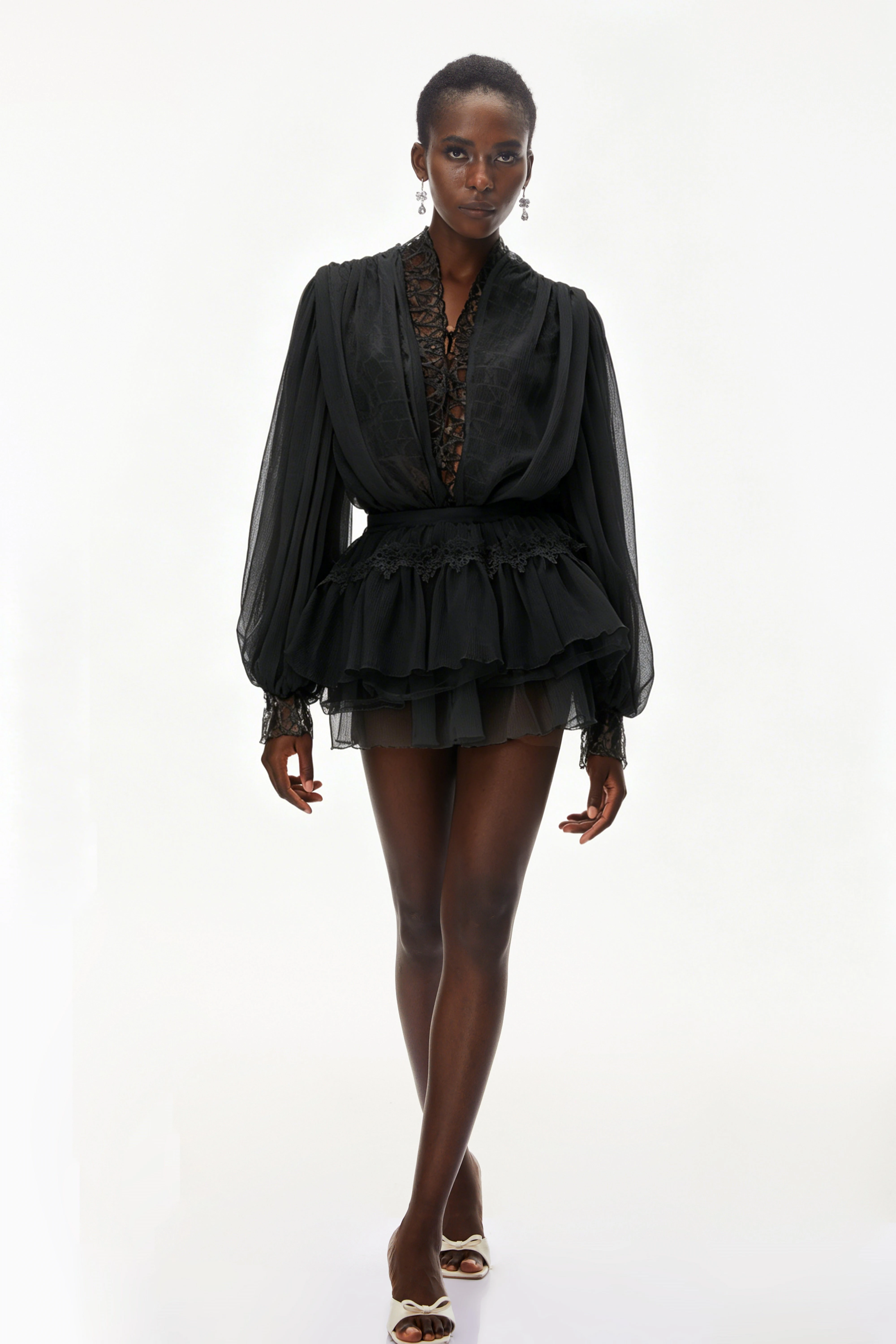 Black Sheer Lace Lantern Sleeve Layered Mini Dress