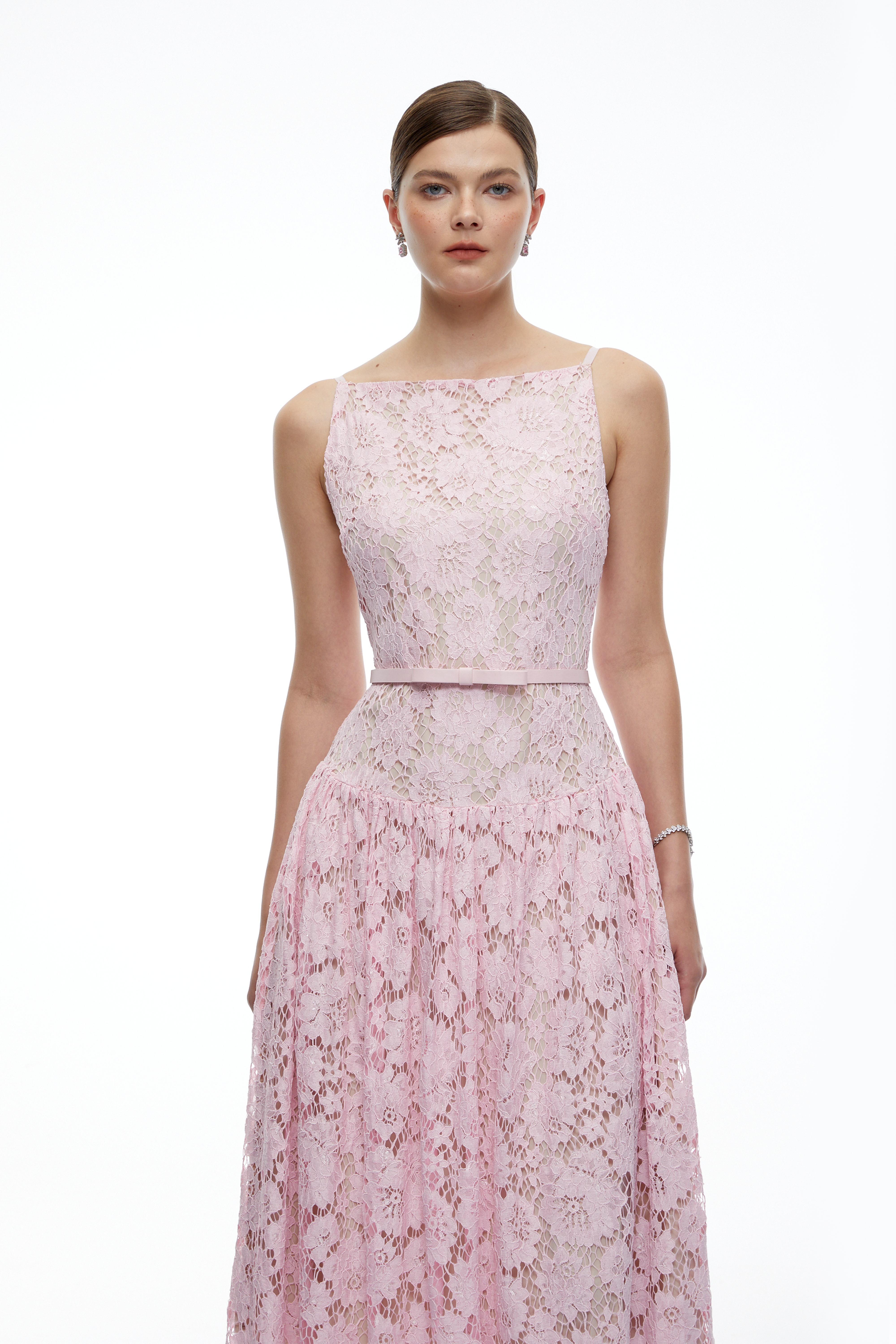 Sophronelle Pink Lace Sleeveless Midi Dress
