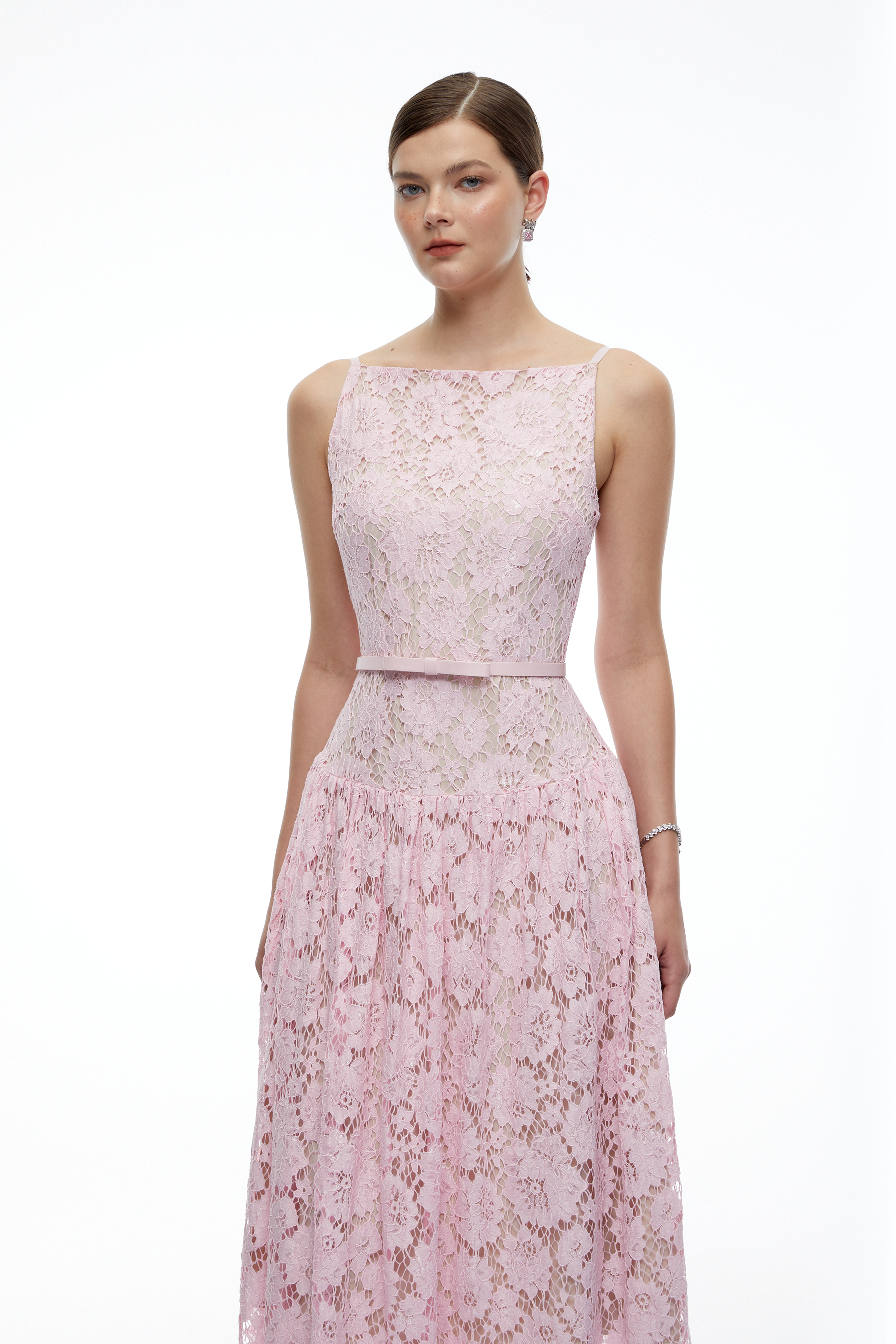 Sophronelle Pink Lace Sleeveless Midi Dress