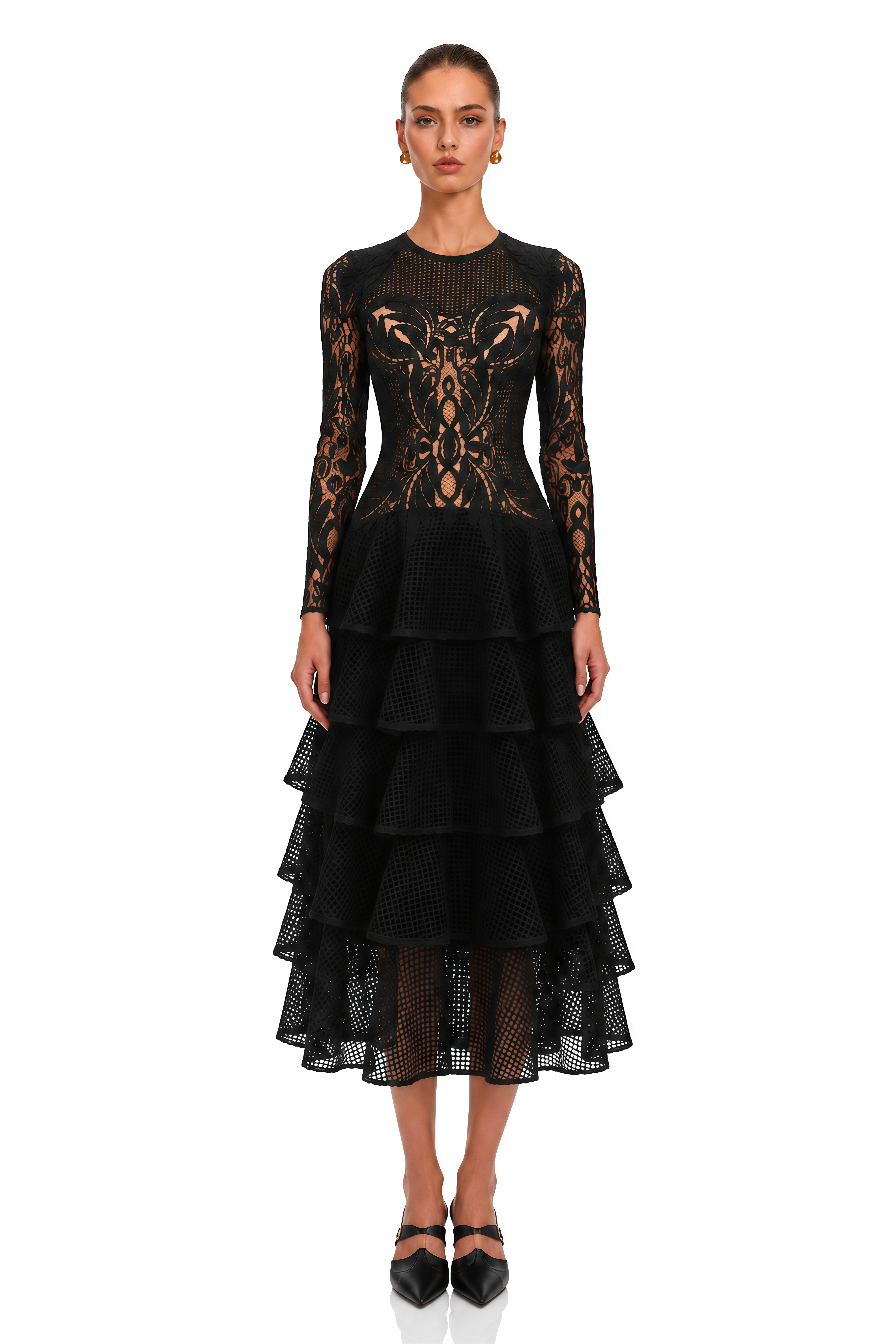 Sophronia Black Lace Long Sleeves Tiered Midi Dress