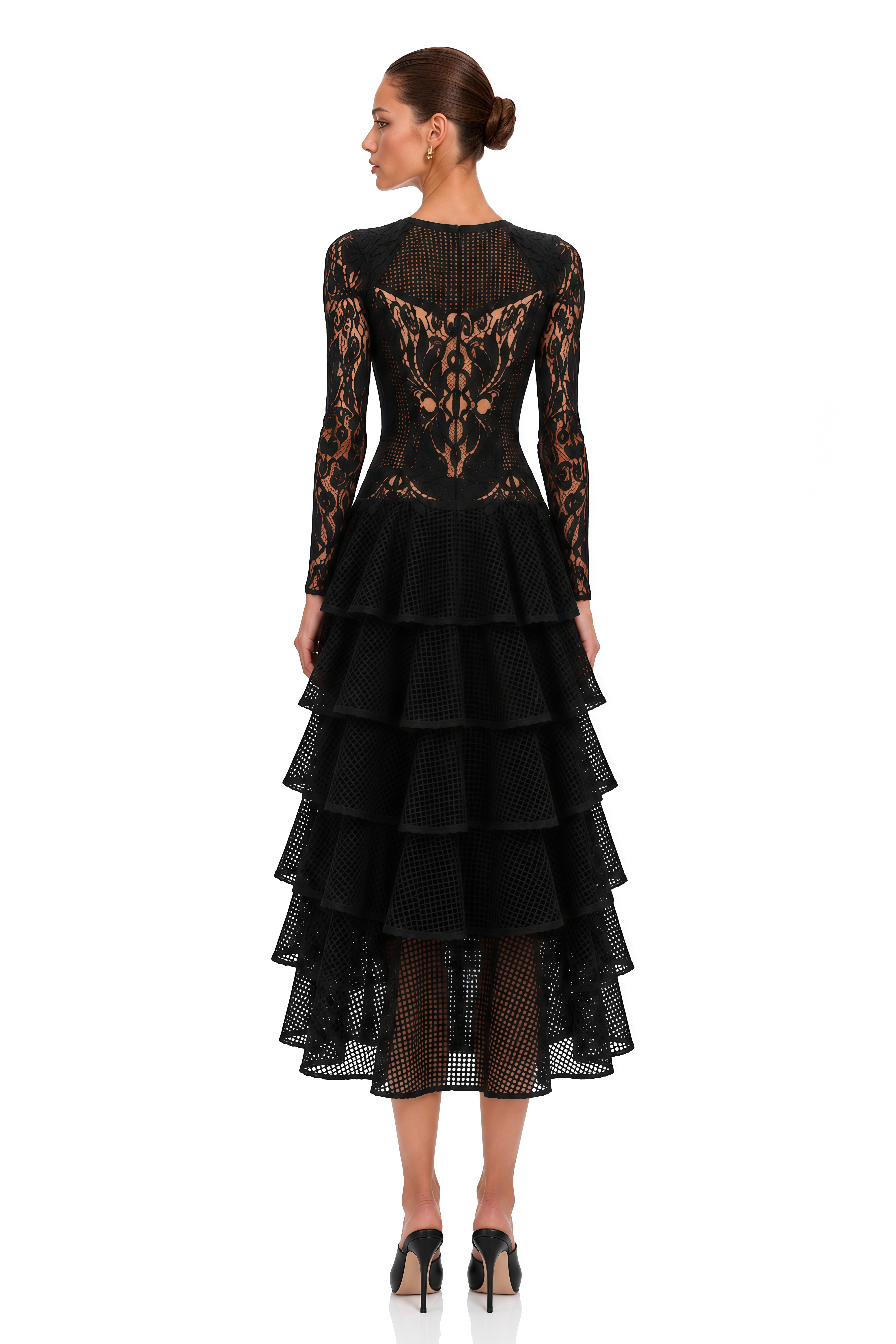 Sophronia Black Lace Long Sleeves Tiered Midi Dress
