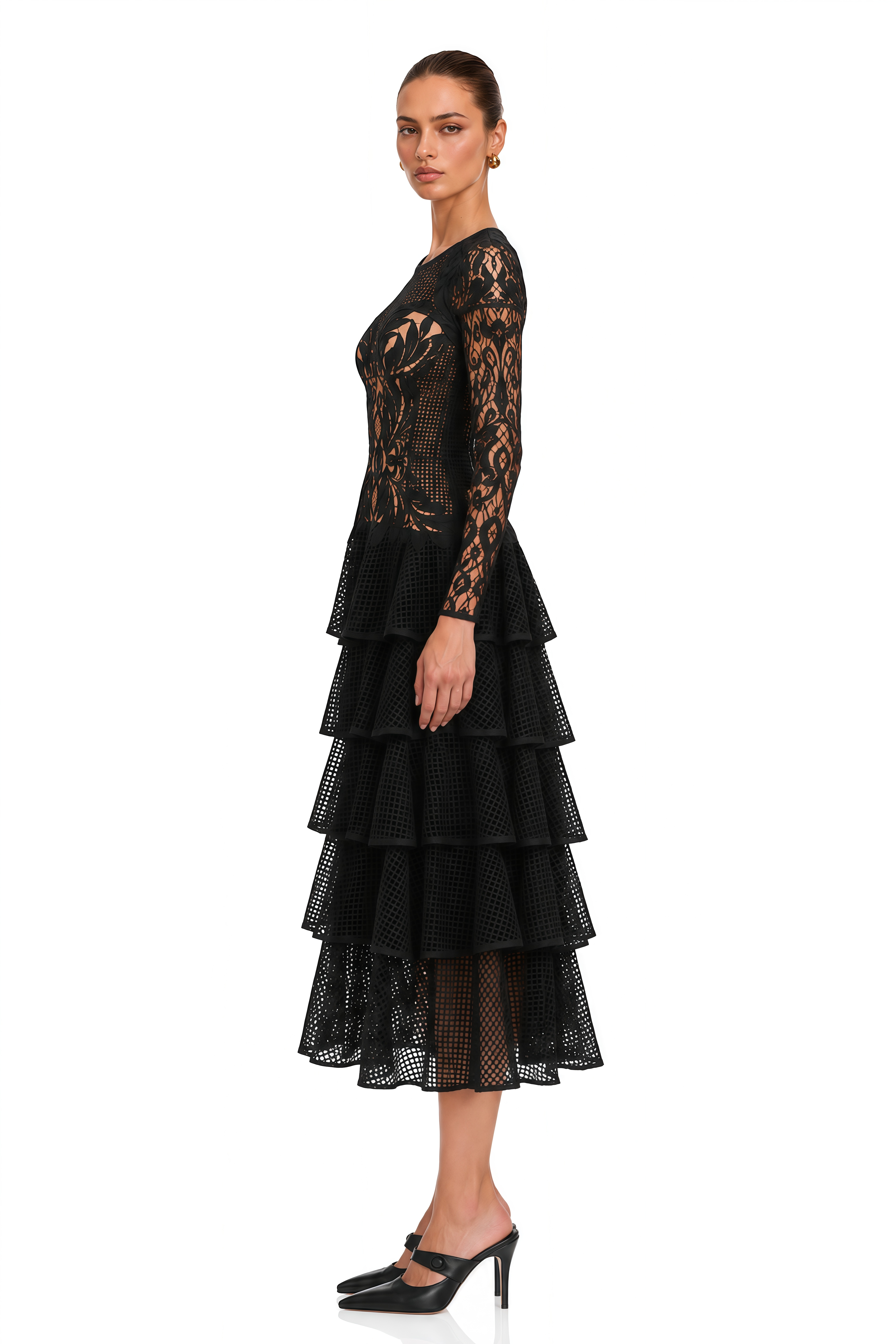 Sophronia Black Lace Long Sleeves Tiered Midi Dress