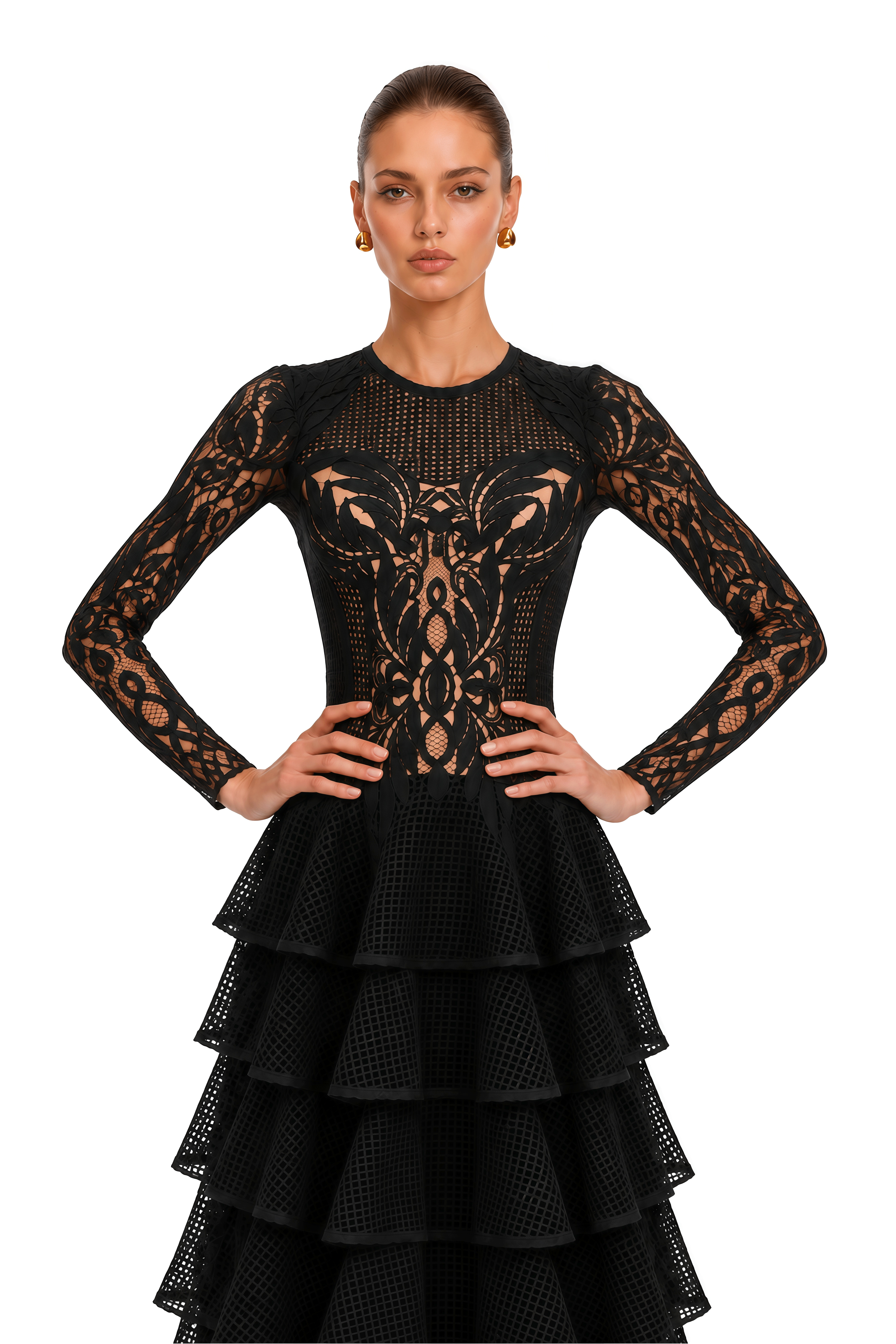 Sophronia Black Lace Long Sleeves Tiered Midi Dress