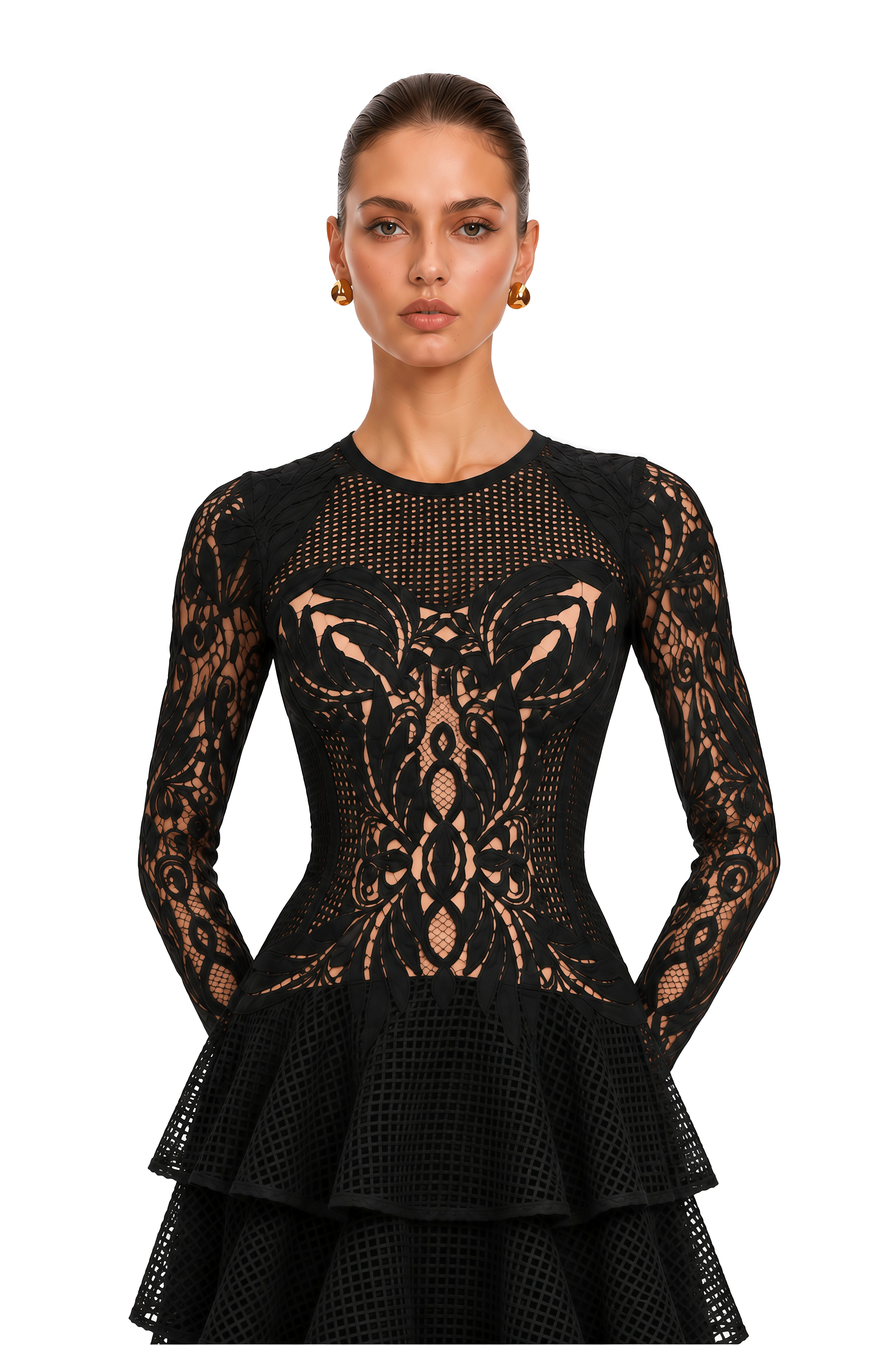 Sophronia Black Lace Long Sleeves Tiered Midi Dress