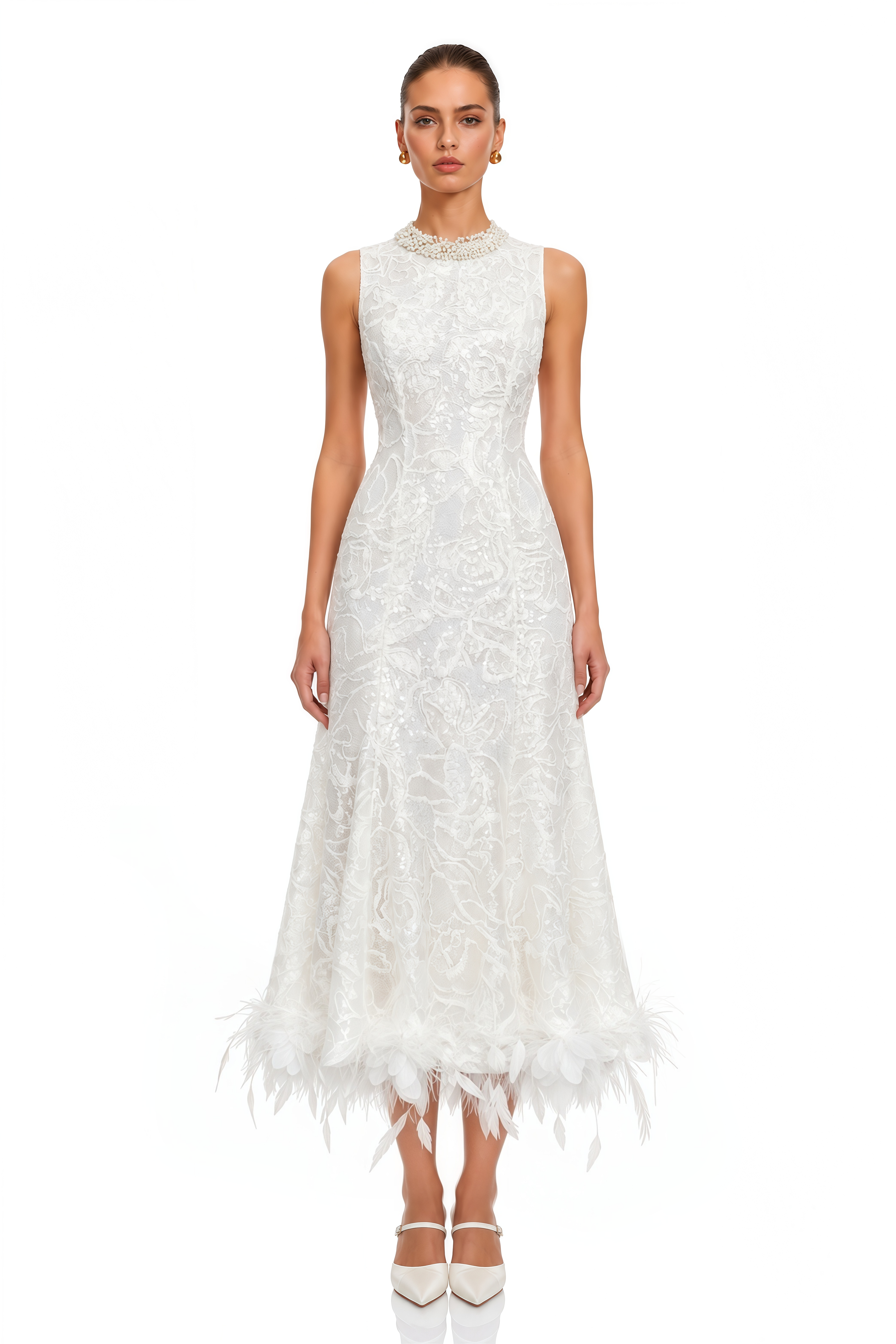 Sophronia White Lace Feather Trim Midi Dress