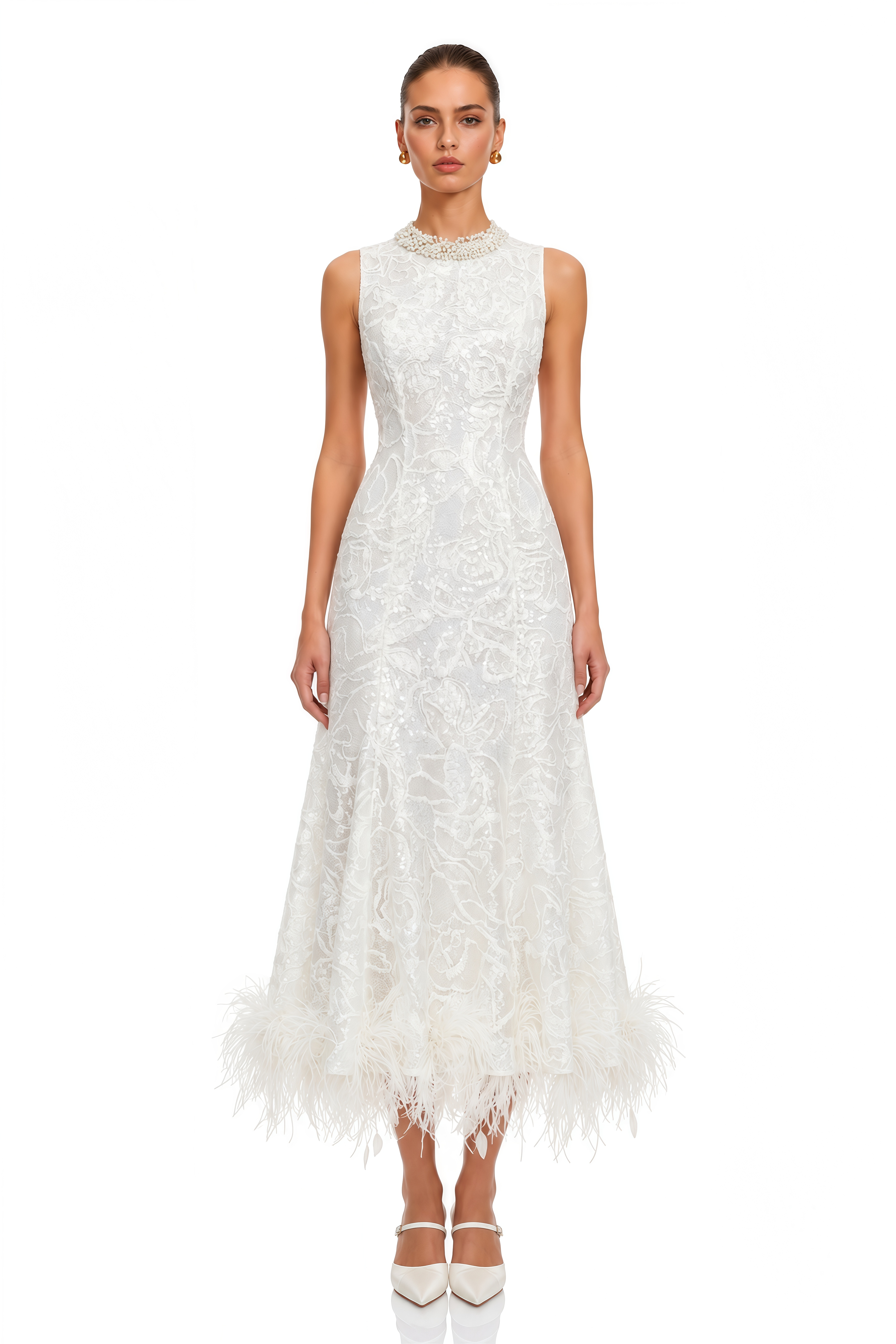 Sophronia White Lace Feather Trim Midi Dress
