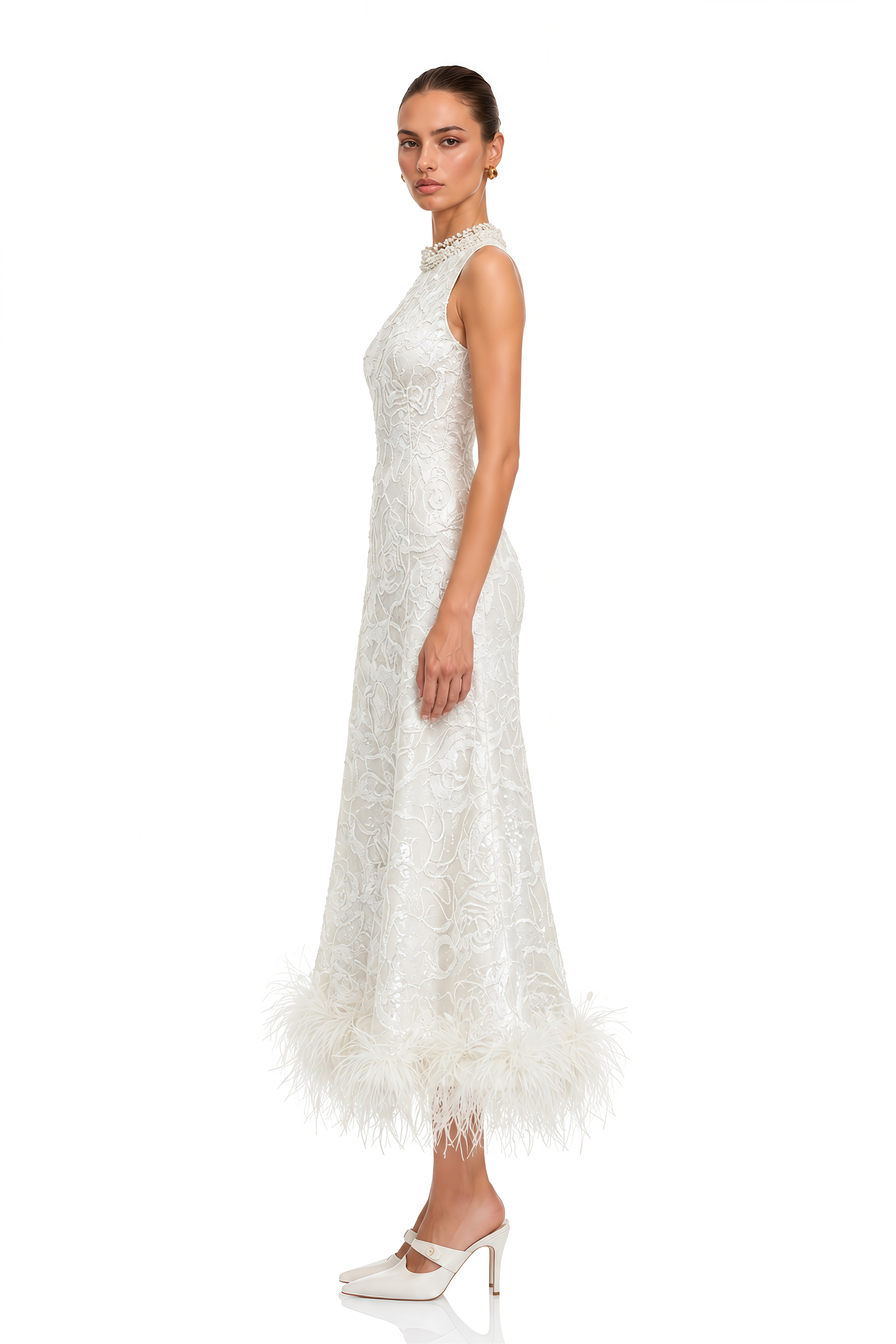 Sophronia White Lace Feather Trim Midi Dress