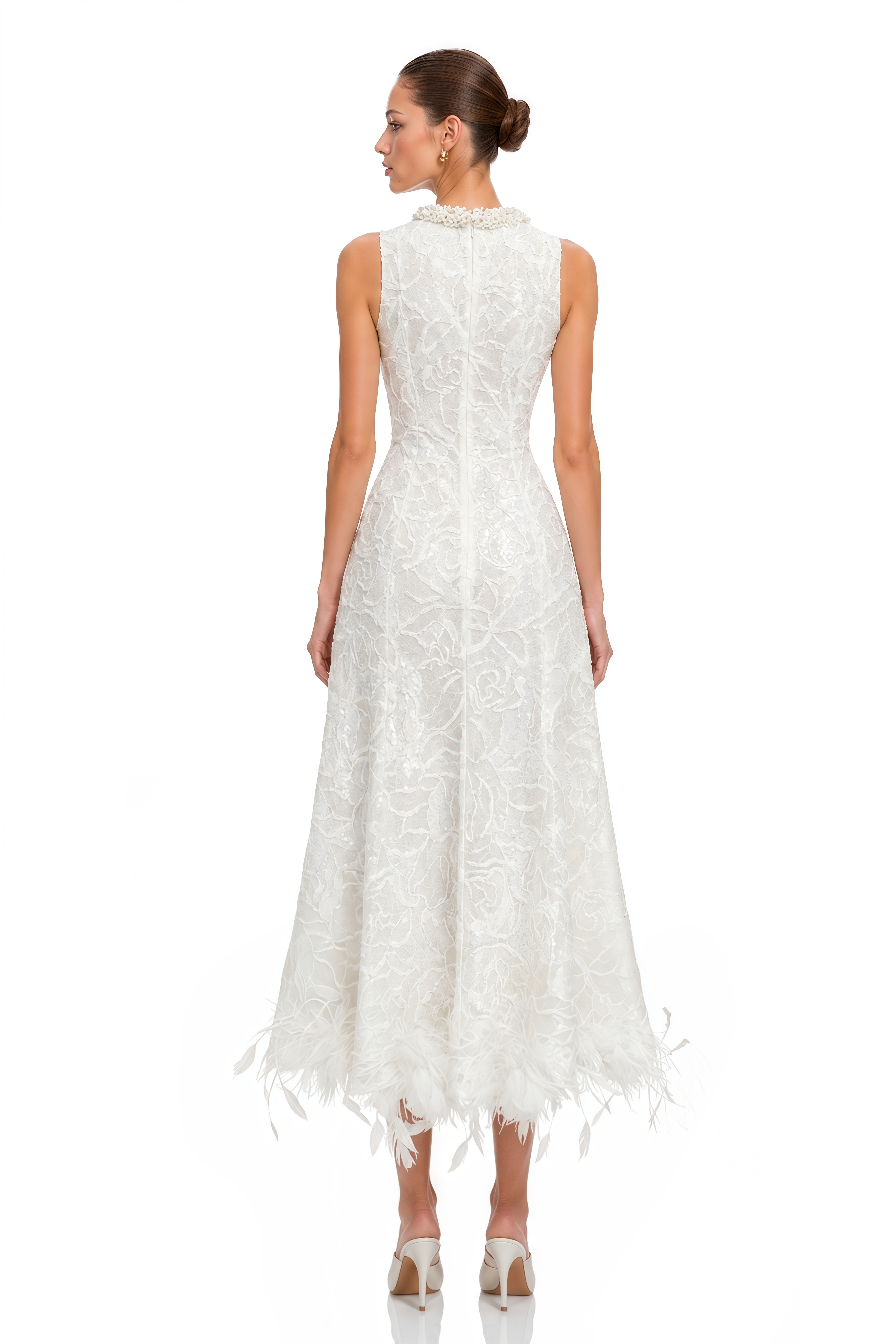 Sophronia White Lace Feather Trim Midi Dress