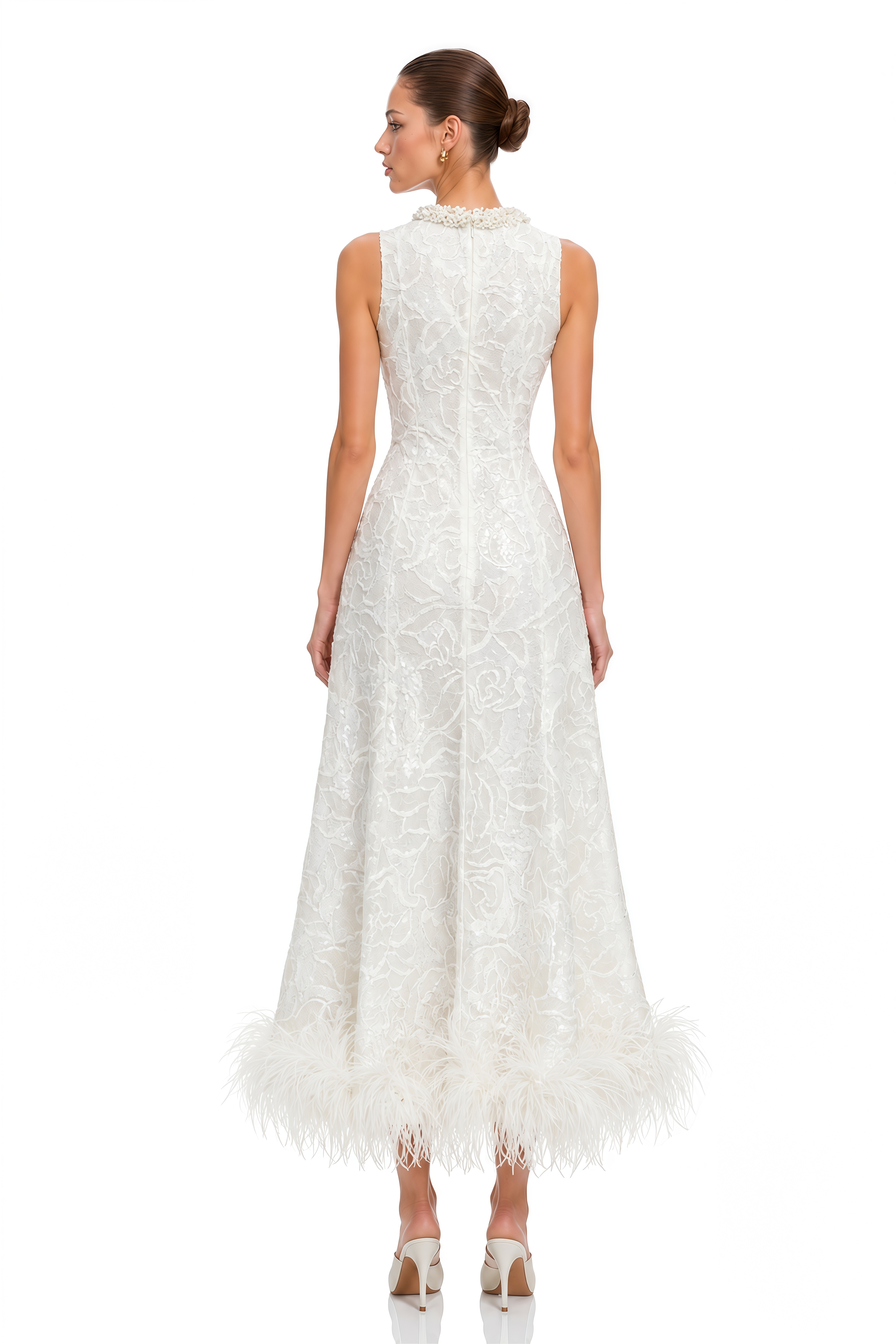 Sophronia White Lace Feather Trim Midi Dress