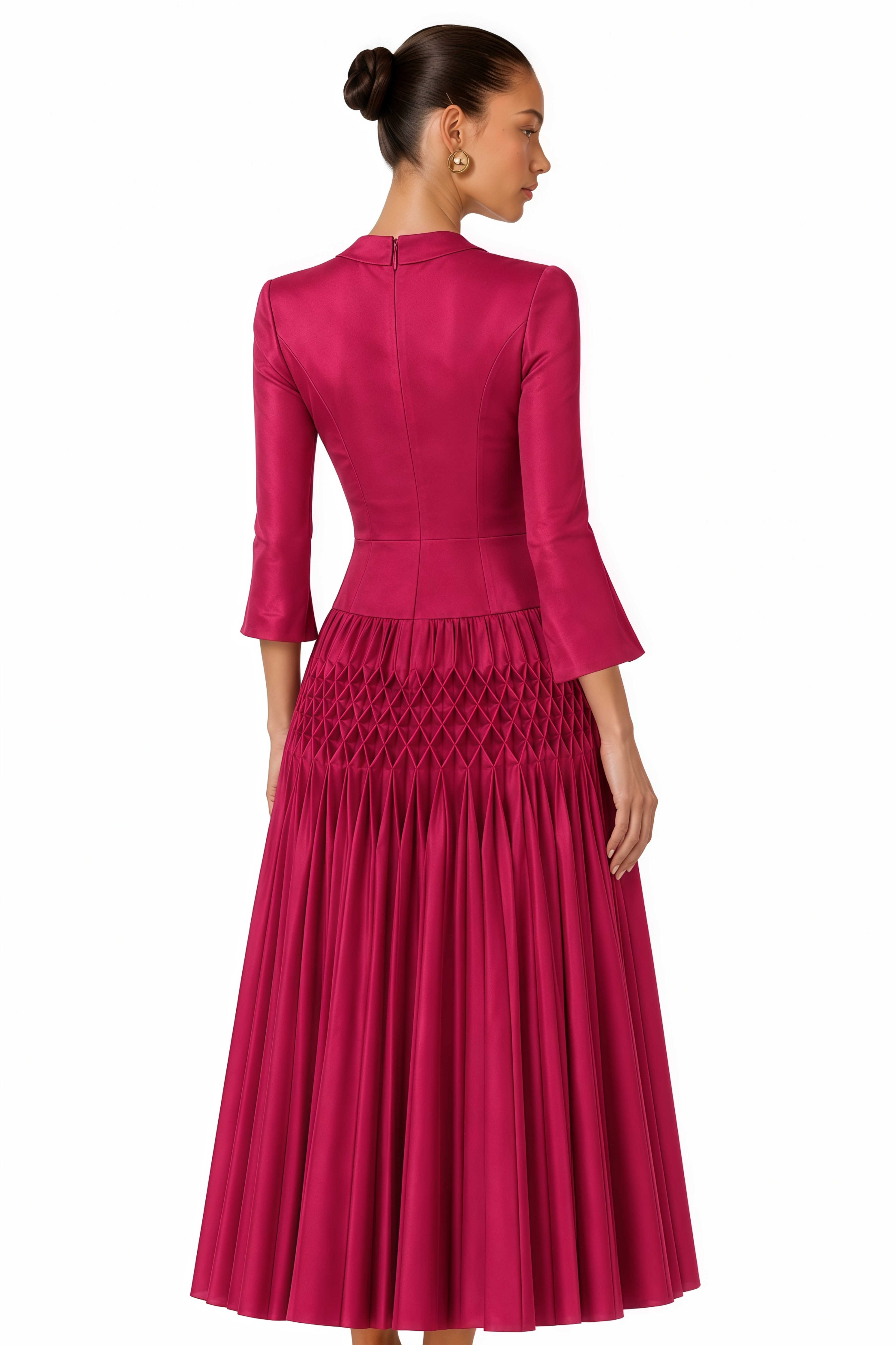 Soraya Fuchsia Floral Applique Pleated Midi Dress
