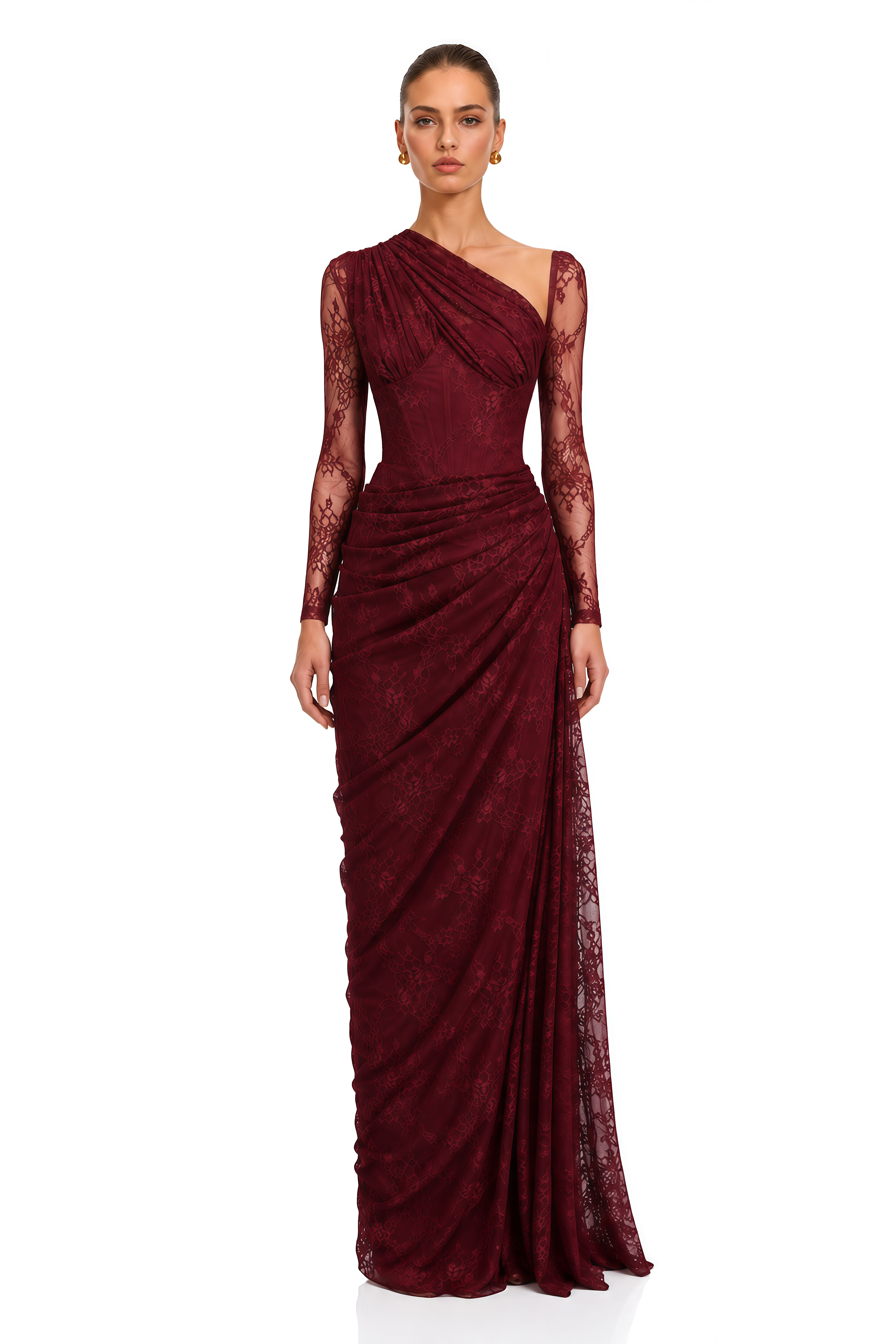Stefania Ruby Red Floral Lace Long Sleeve Maxi Gown