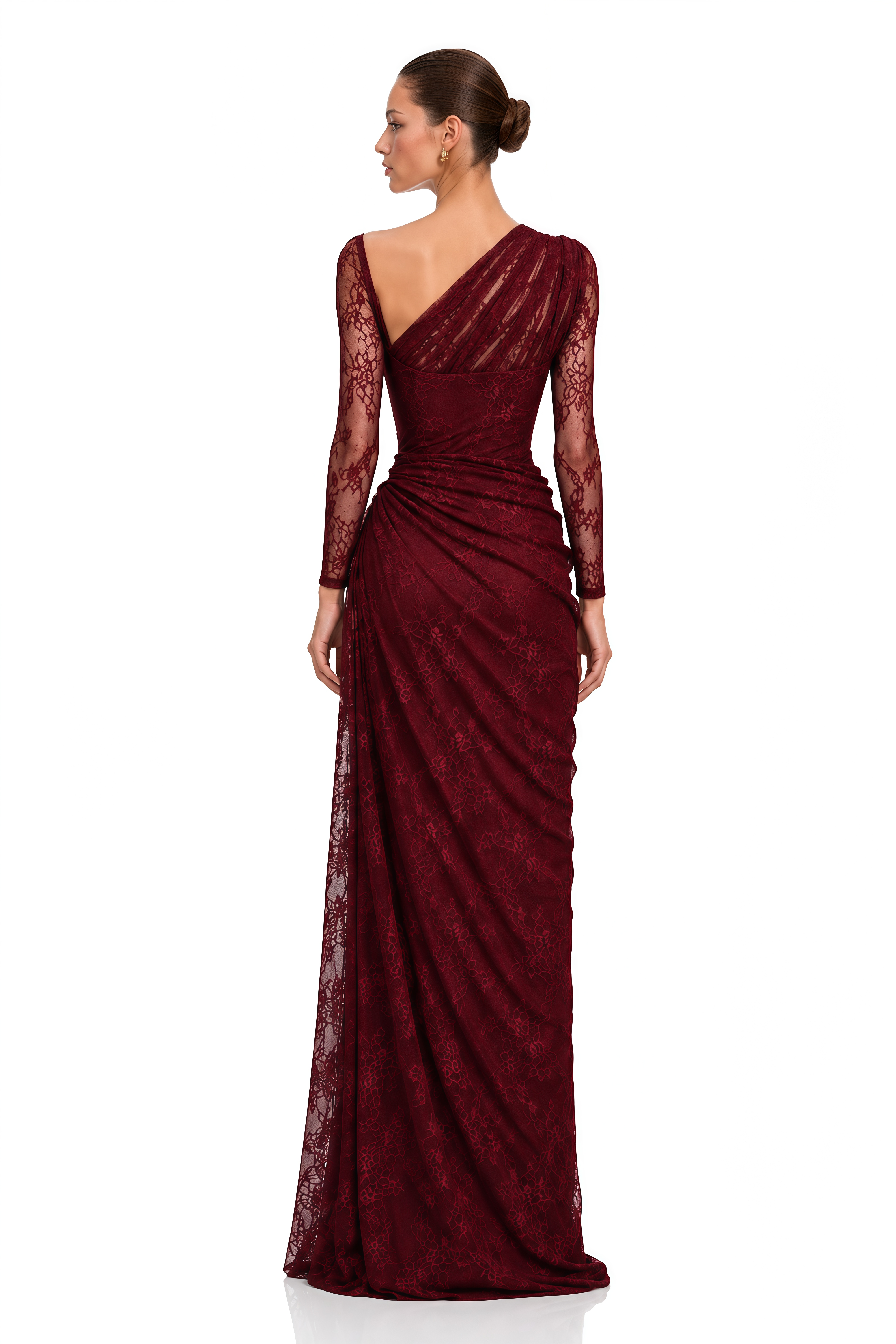 Stefania Ruby Red Floral Lace Long Sleeve Maxi Gown