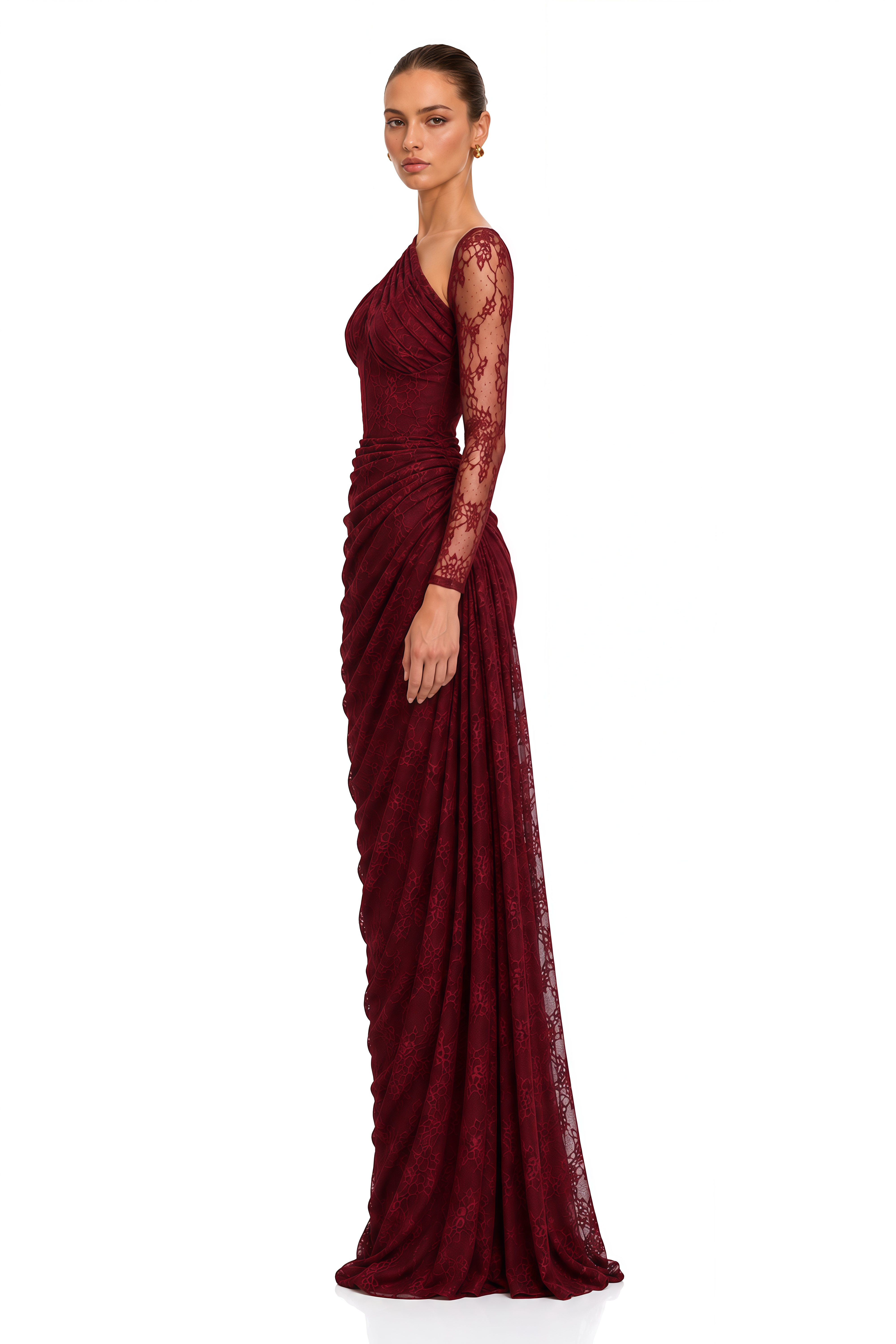Stefania Ruby Red Floral Lace Long Sleeve Maxi Gown