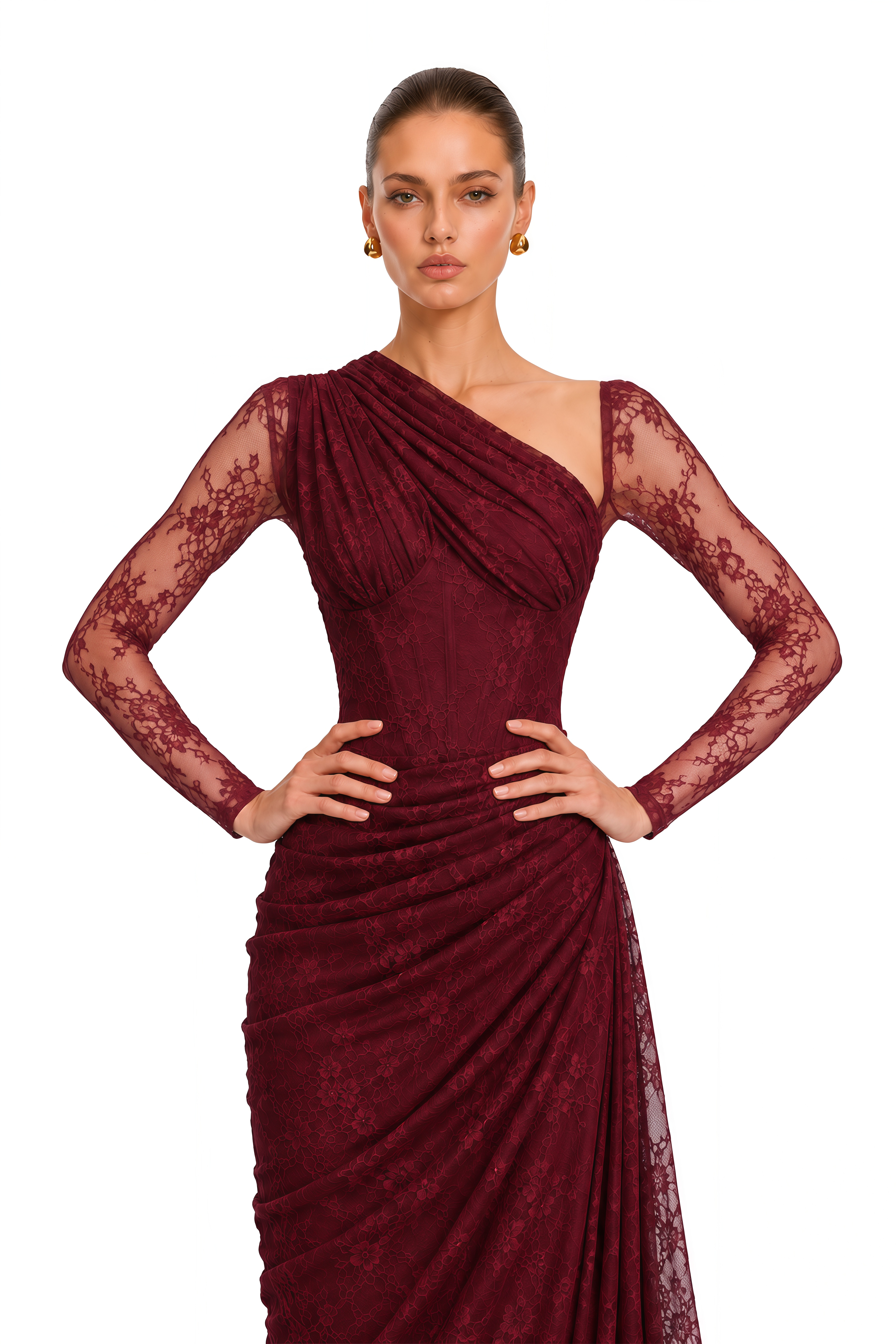 Stefania Ruby Red Floral Lace Long Sleeve Maxi Gown