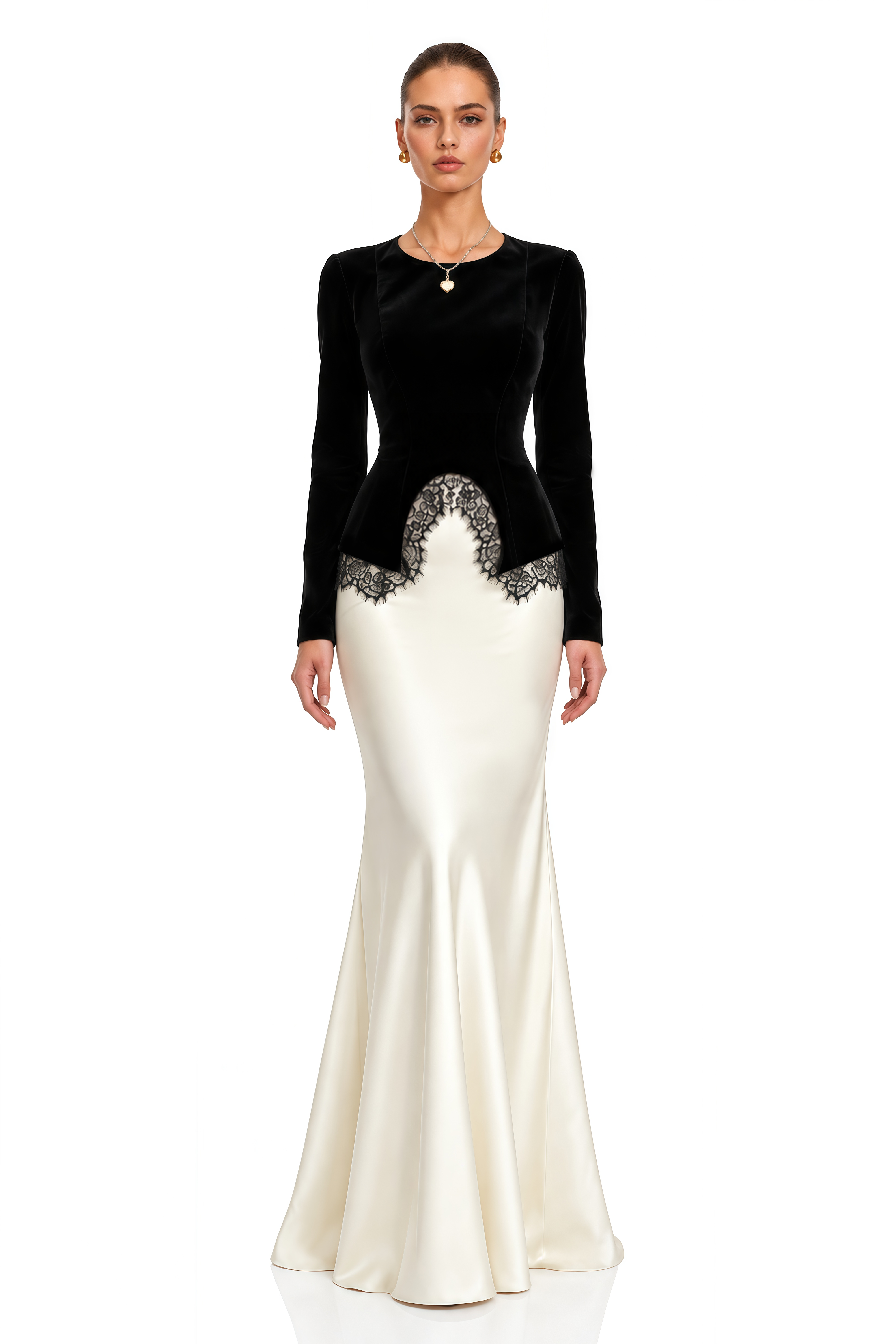 Sumaiya Black Velvet Blouse & White Mermaid Maxi Skirt Set