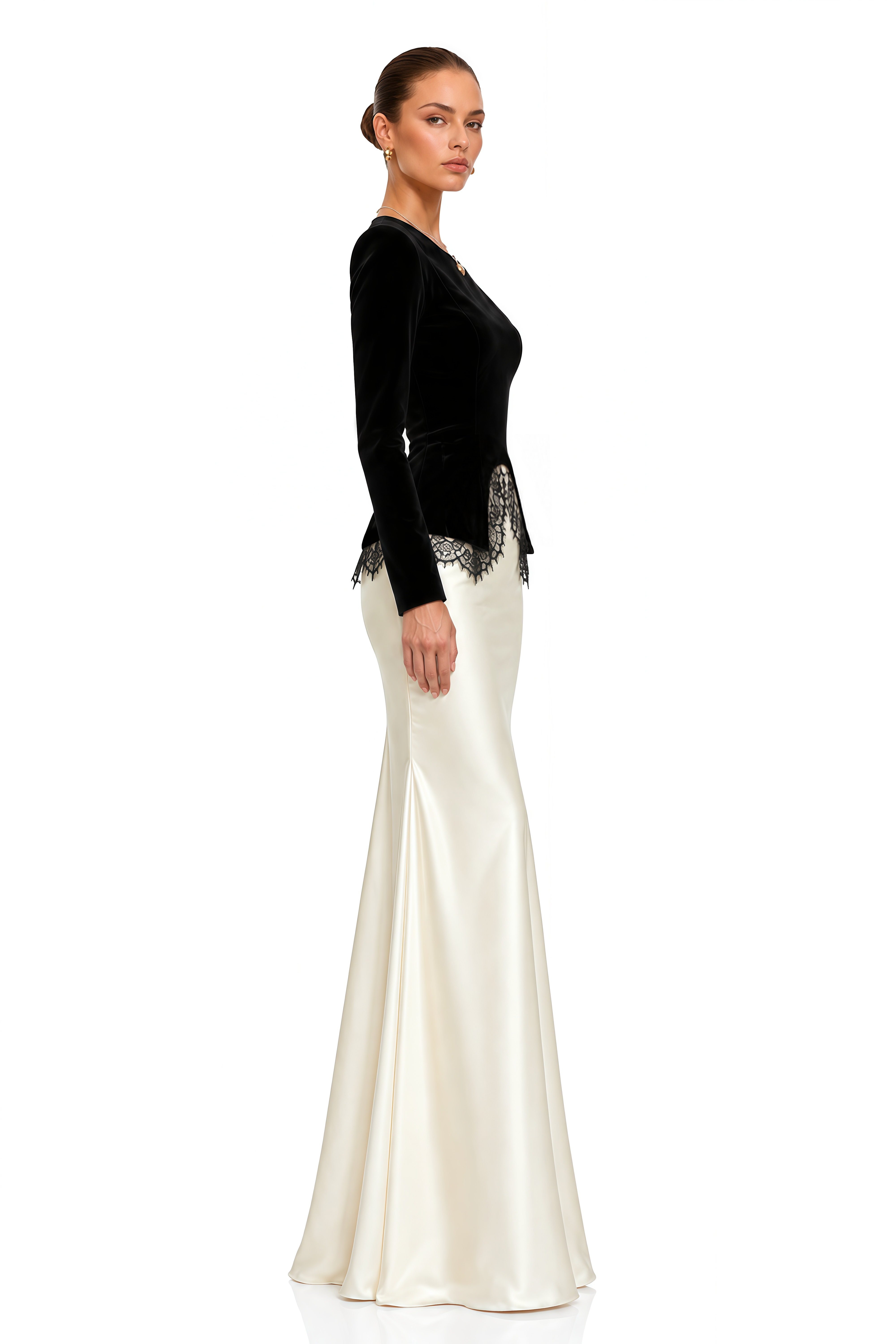 Sumaiya Black Velvet Blouse & White Mermaid Maxi Skirt Set