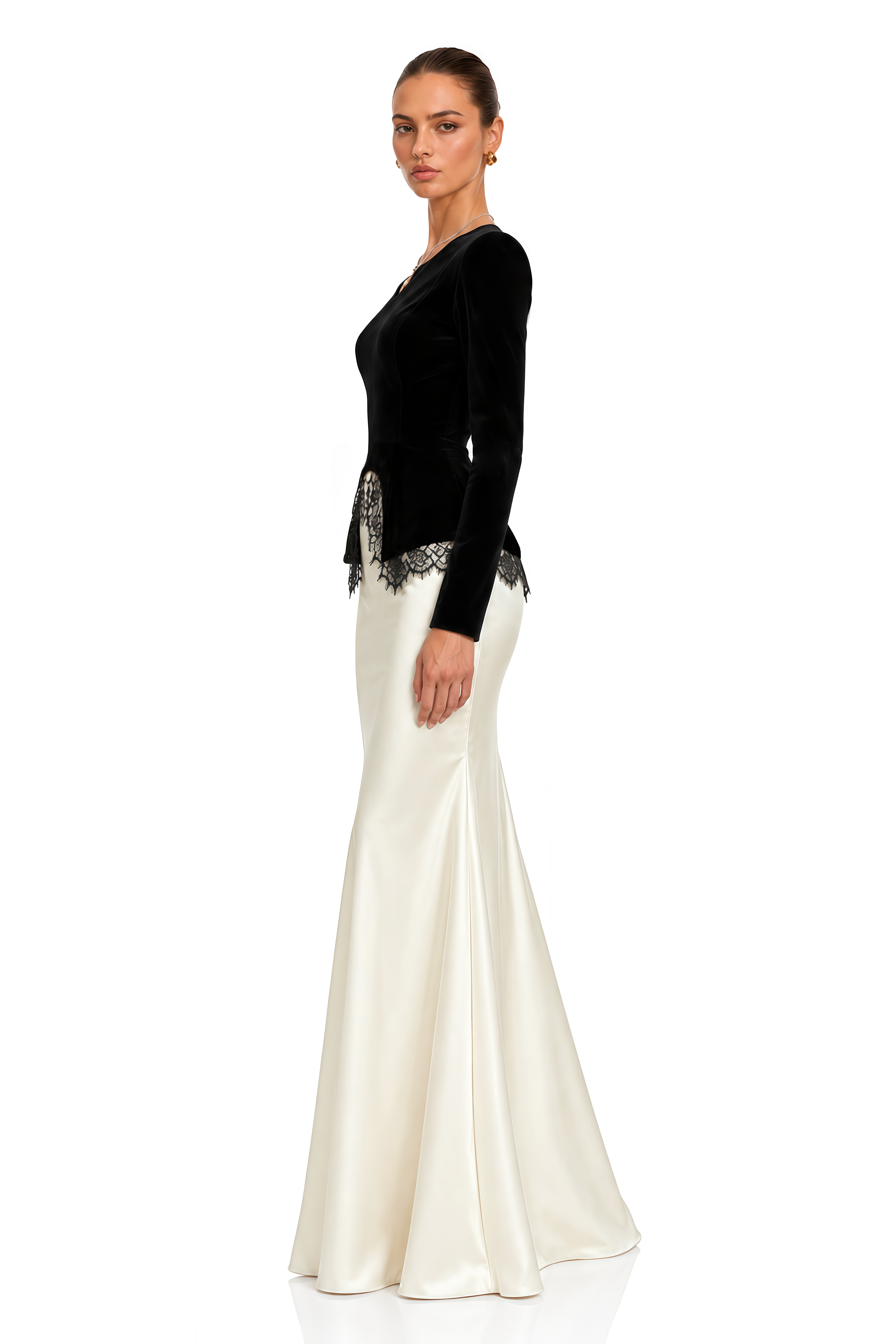 Sumaiya Black Velvet Blouse & White Mermaid Maxi Skirt Set