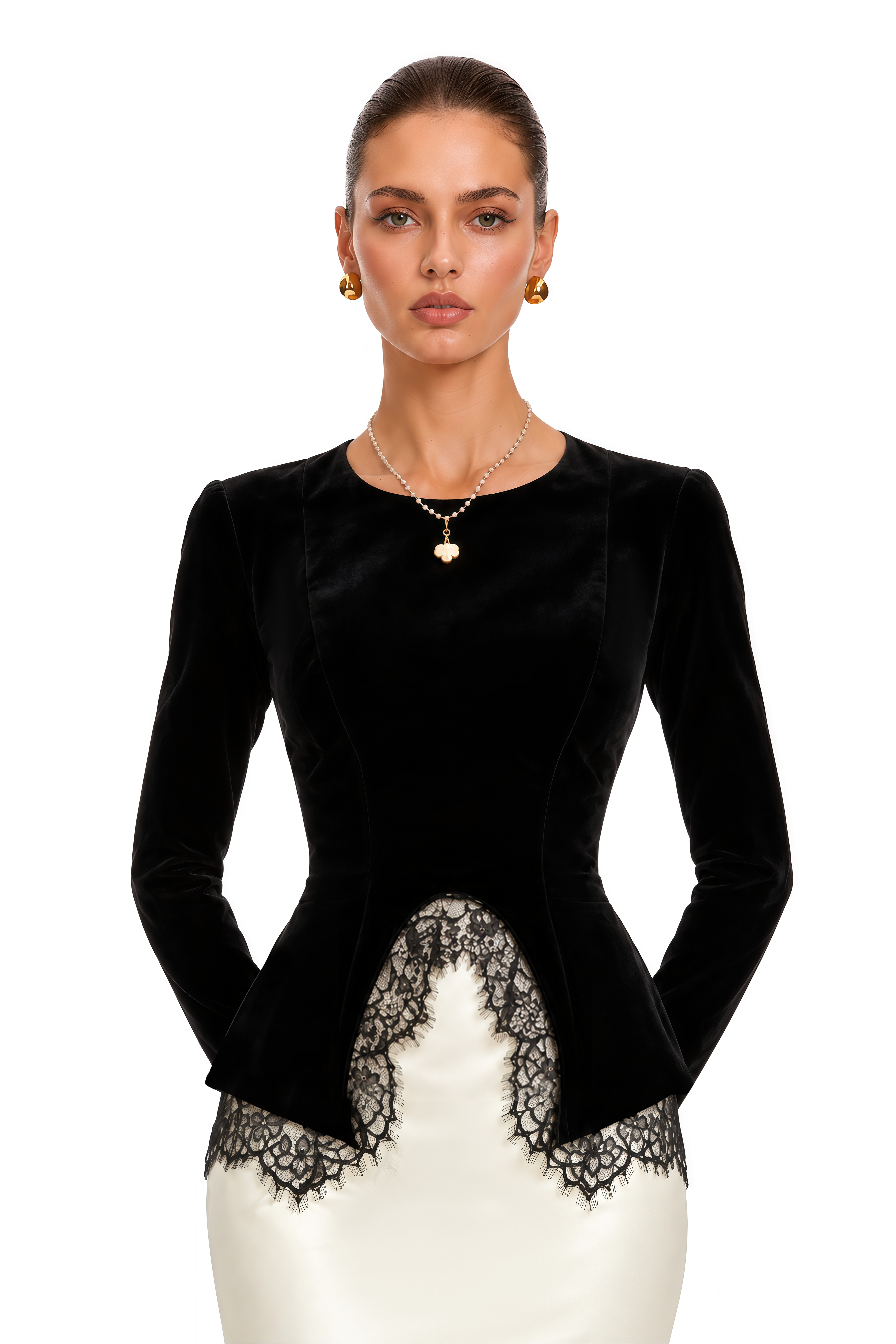 Sumaiya Black Velvet Blouse & White Mermaid Maxi Skirt Set