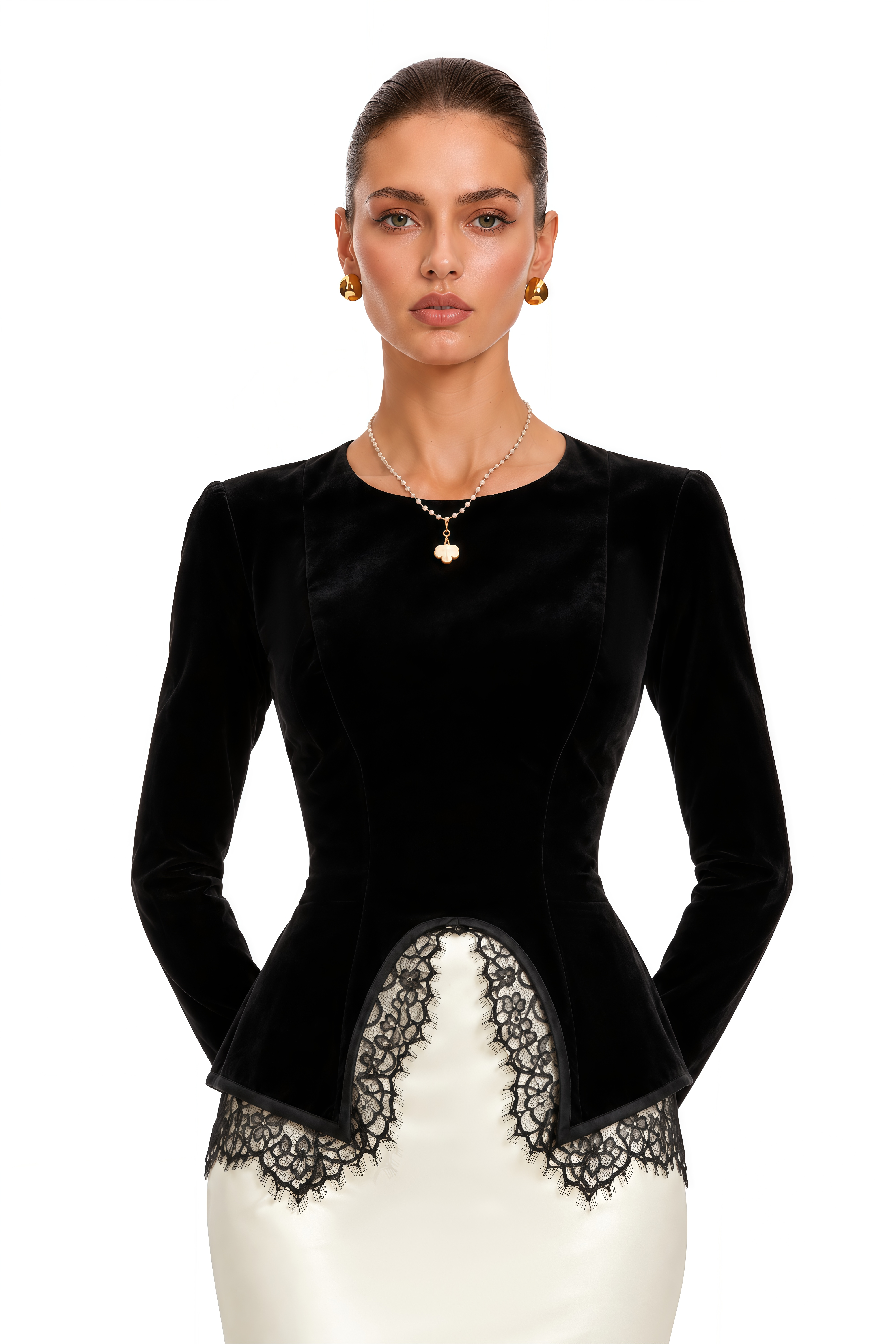 Sumaiya Black Velvet Blouse & White Mermaid Maxi Skirt Set