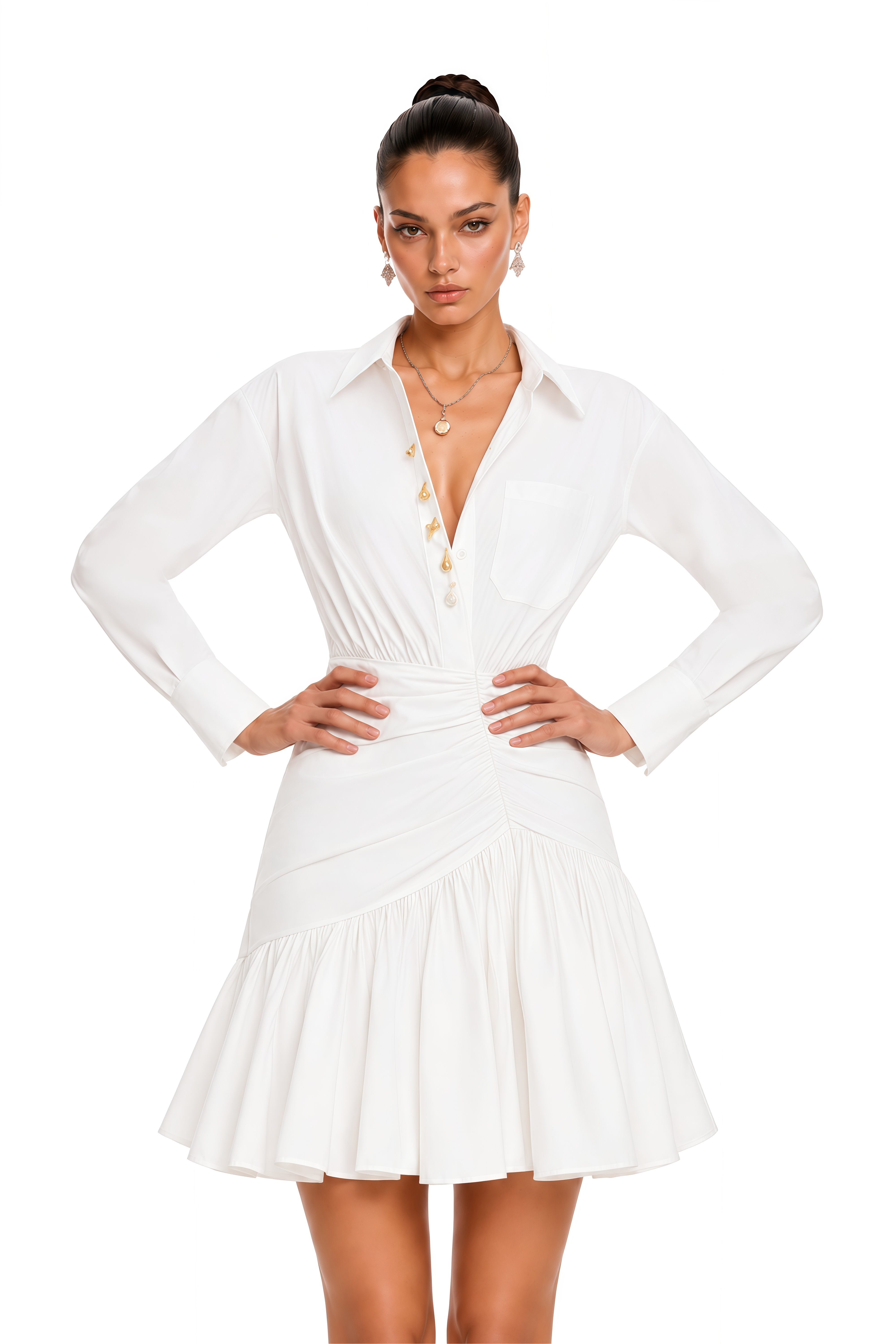 Surah White Collared Wrap Pleated Mini Dress
