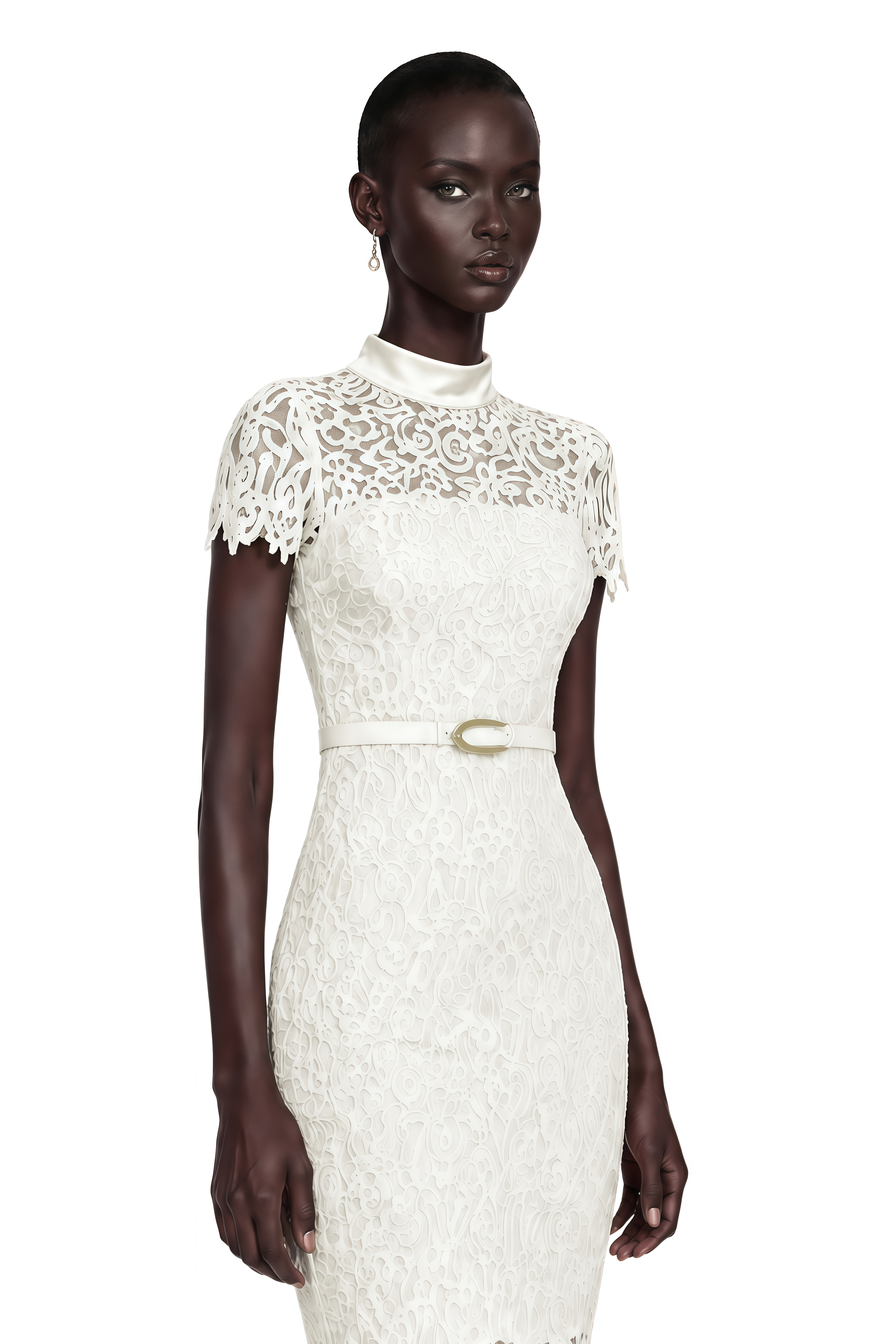 Suzanne Ivory Mock Neck Floral Lace Mermaid Maxi Dress