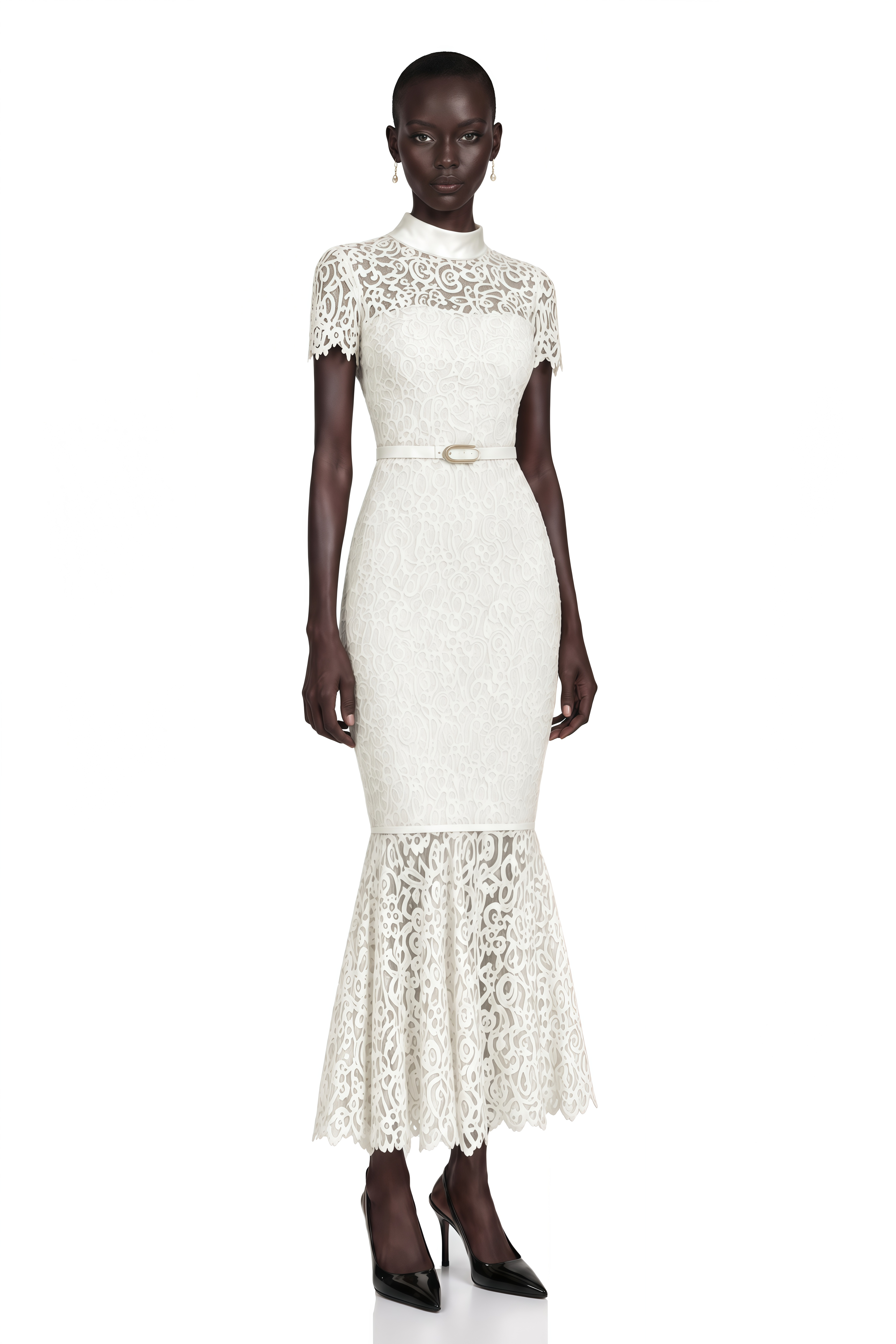 Suzanne Ivory Mock Neck Floral Lace Mermaid Maxi Dress