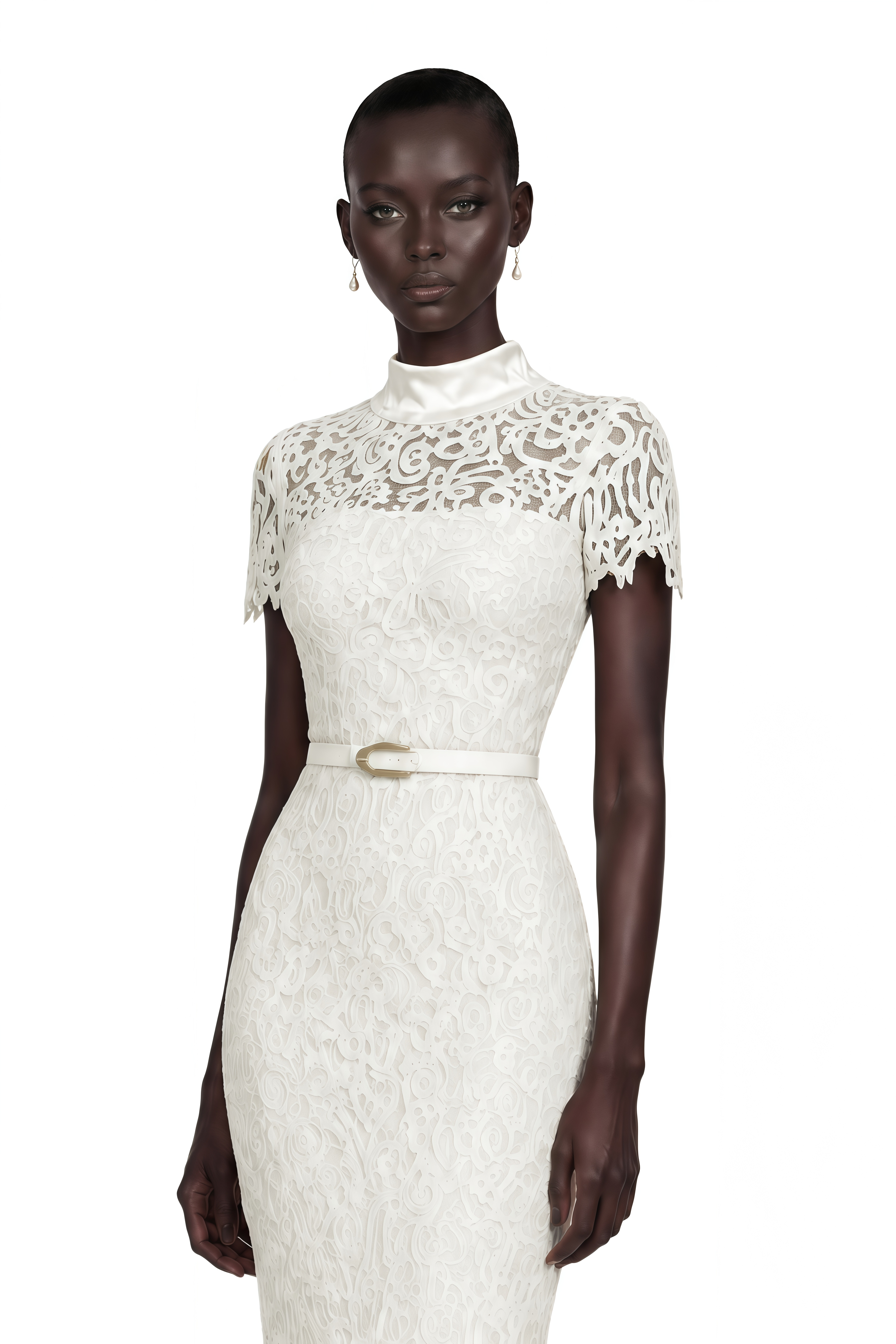 Suzanne Ivory Mock Neck Floral Lace Mermaid Maxi Dress