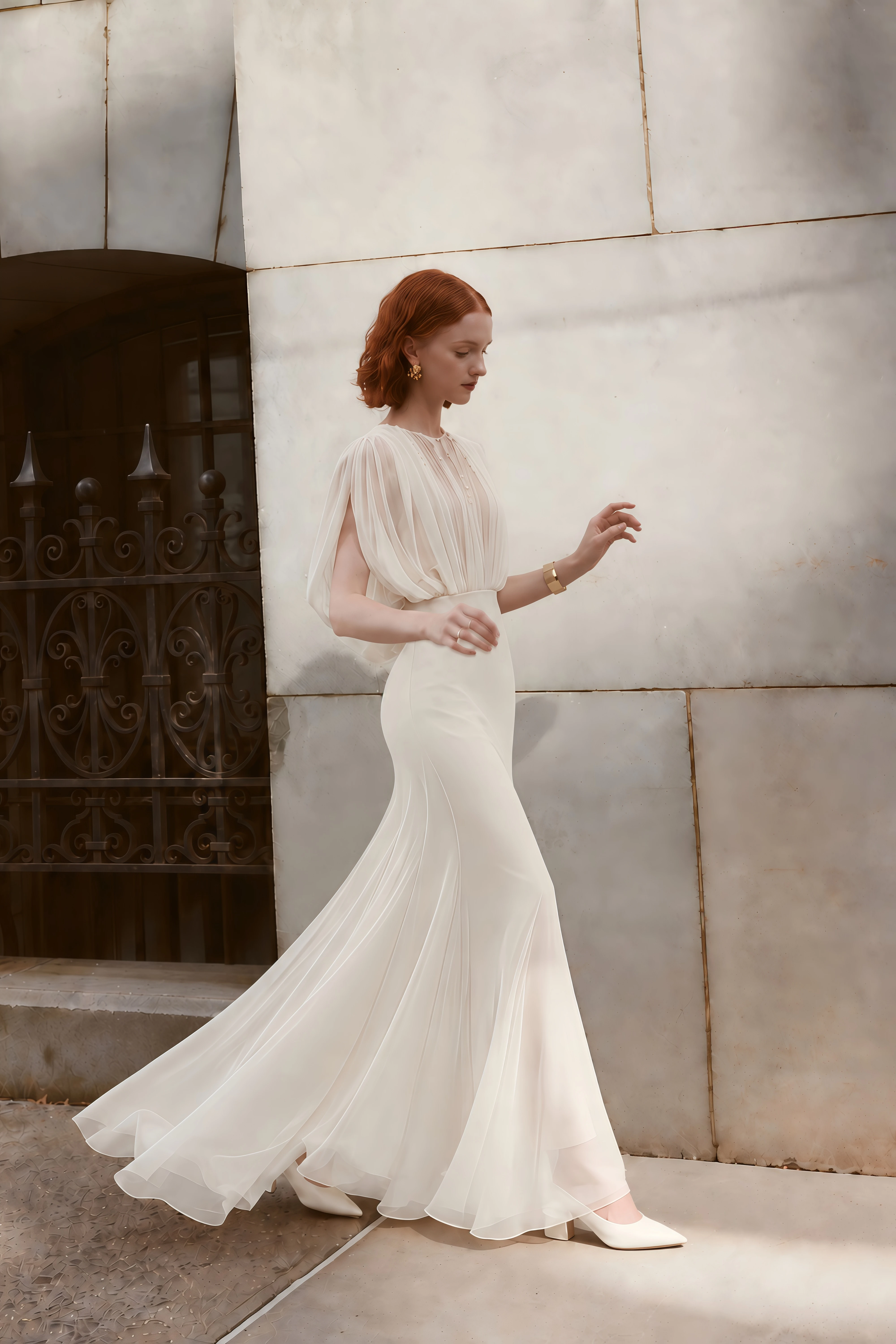 Svetlana Cream Ruched Maxi Dress with Mesh Panels