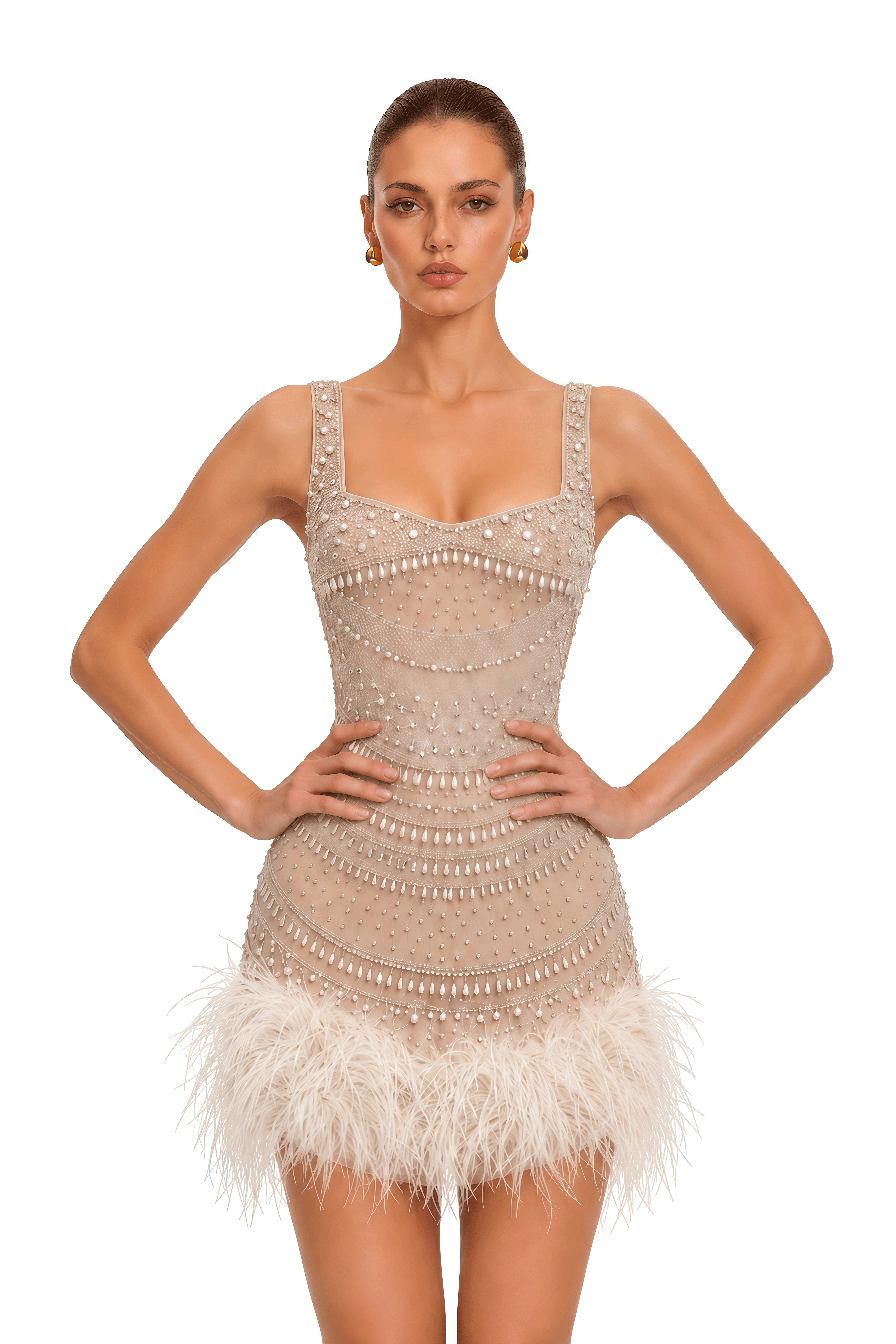 Svetlana Nude Embellished Feather Trim Mini Dress
