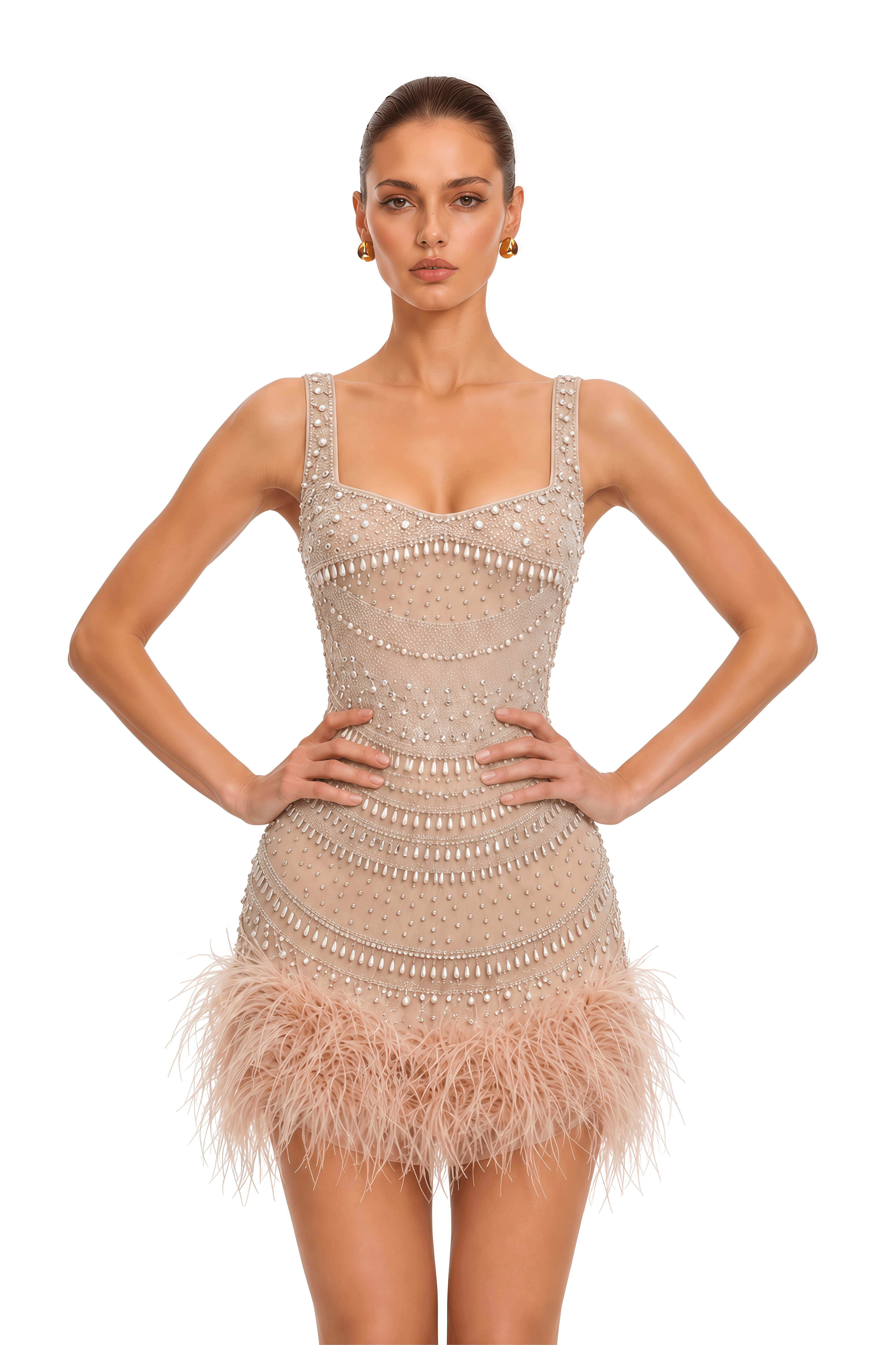Svetlana Nude Embellished Feather Trim Mini Dress