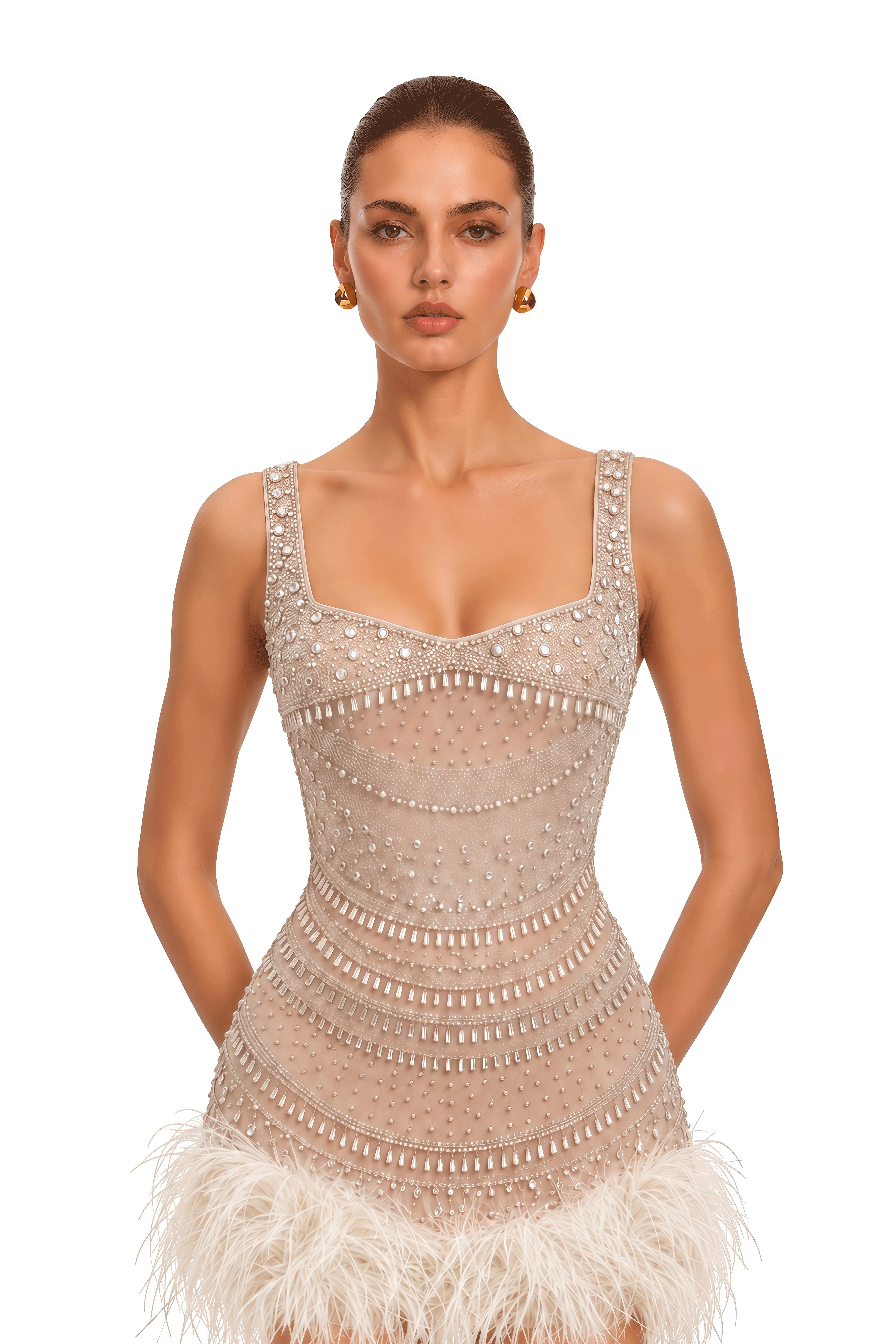 Svetlana Nude Embellished Feather Trim Mini Dress