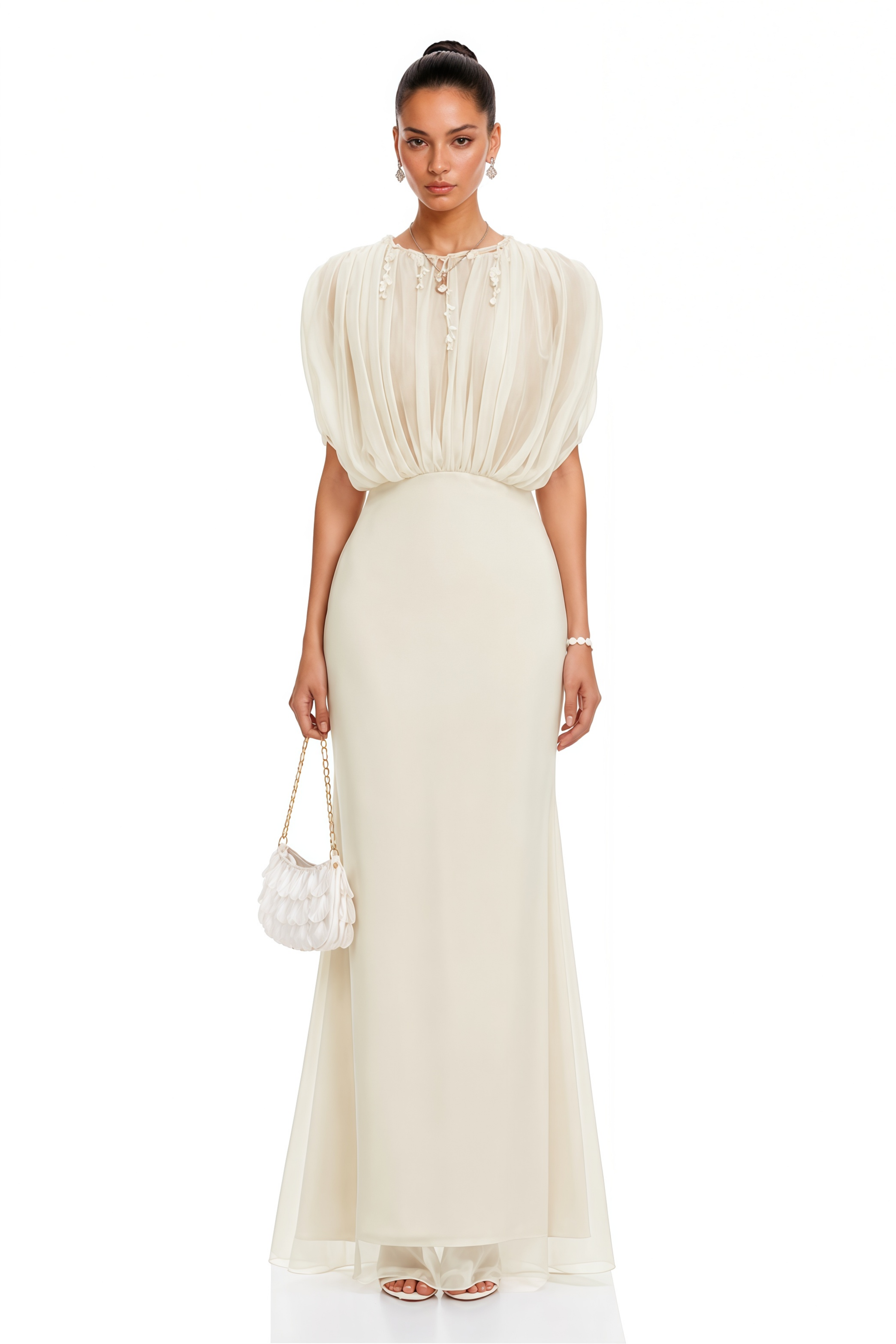 Svetlana Cream Ruched Maxi Dress with Mesh Panels