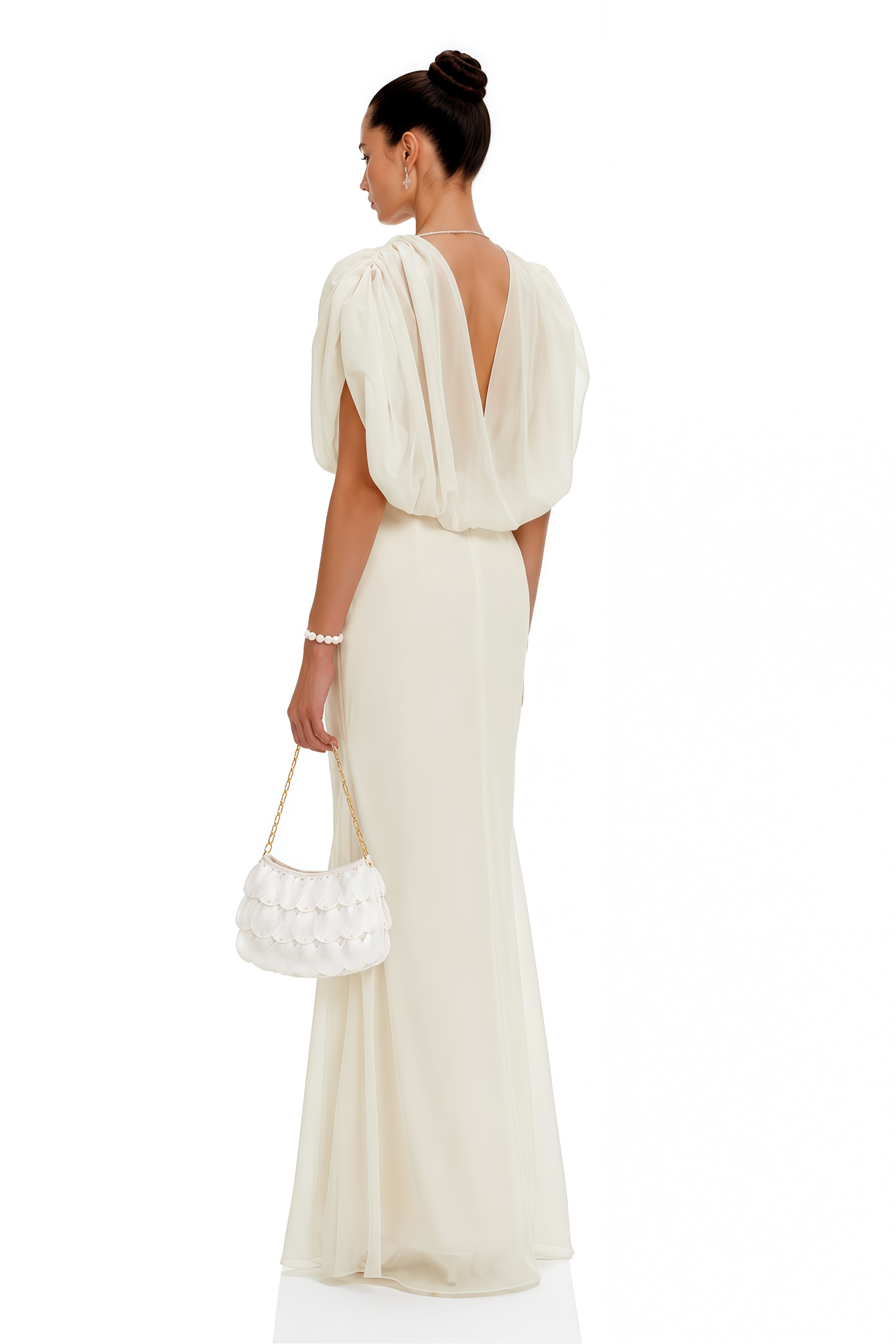 Svetlana Cream Ruched Maxi Dress with Mesh Panels