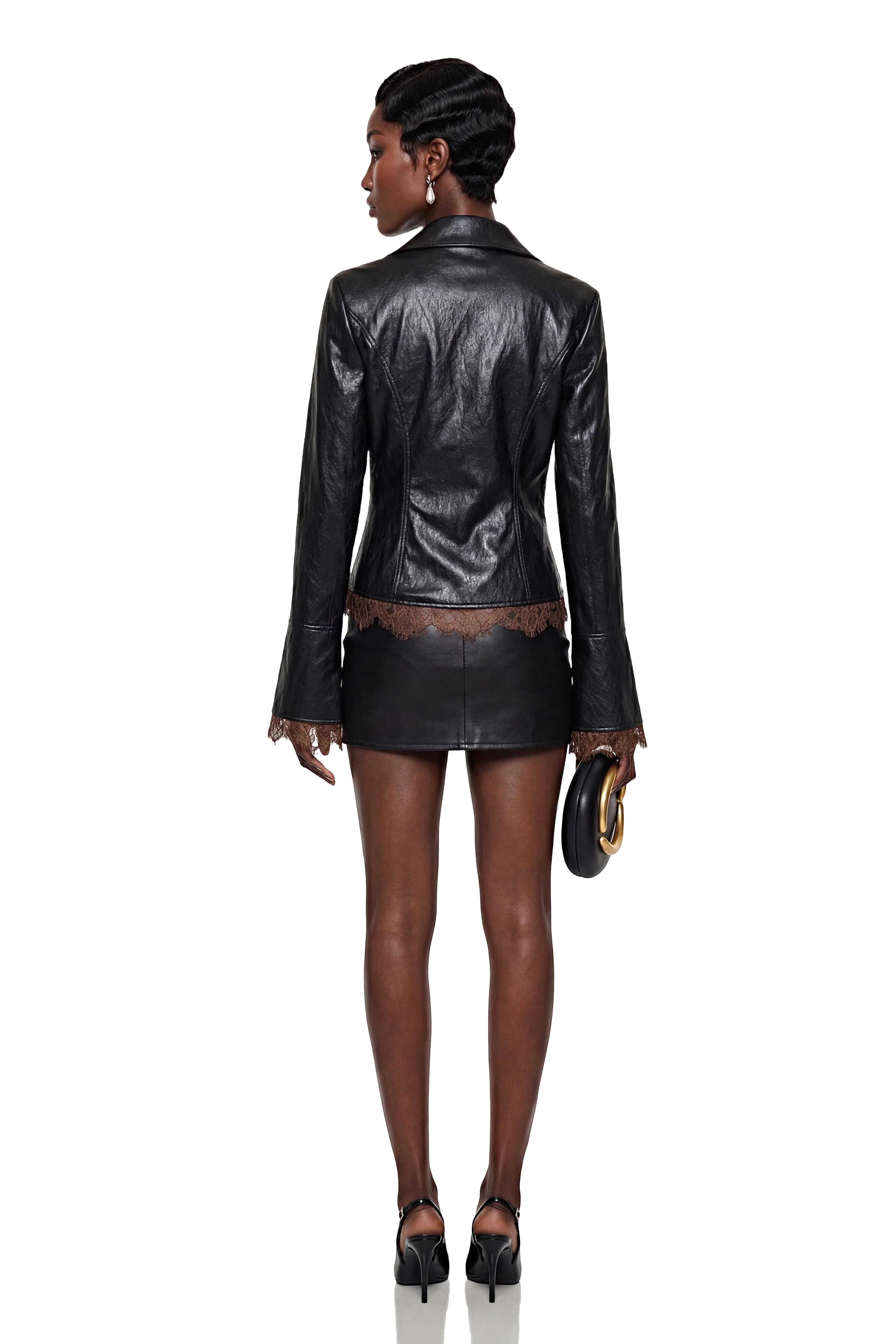 Swazi Black Faux Leather Jacket with Self-Tie Detail