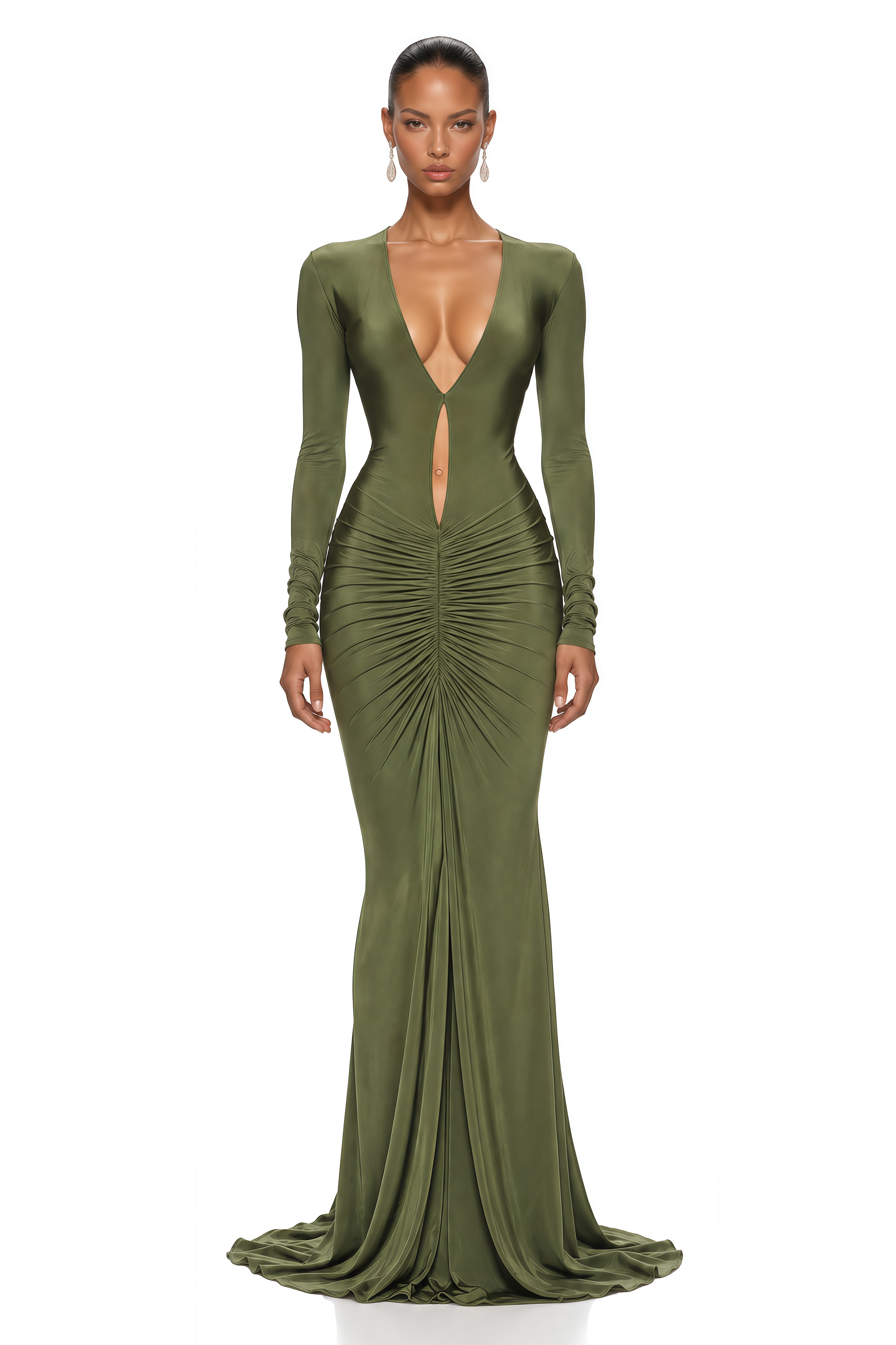 Syeda Olive Green Plunge Cut-Out Ruched Maxi Dress