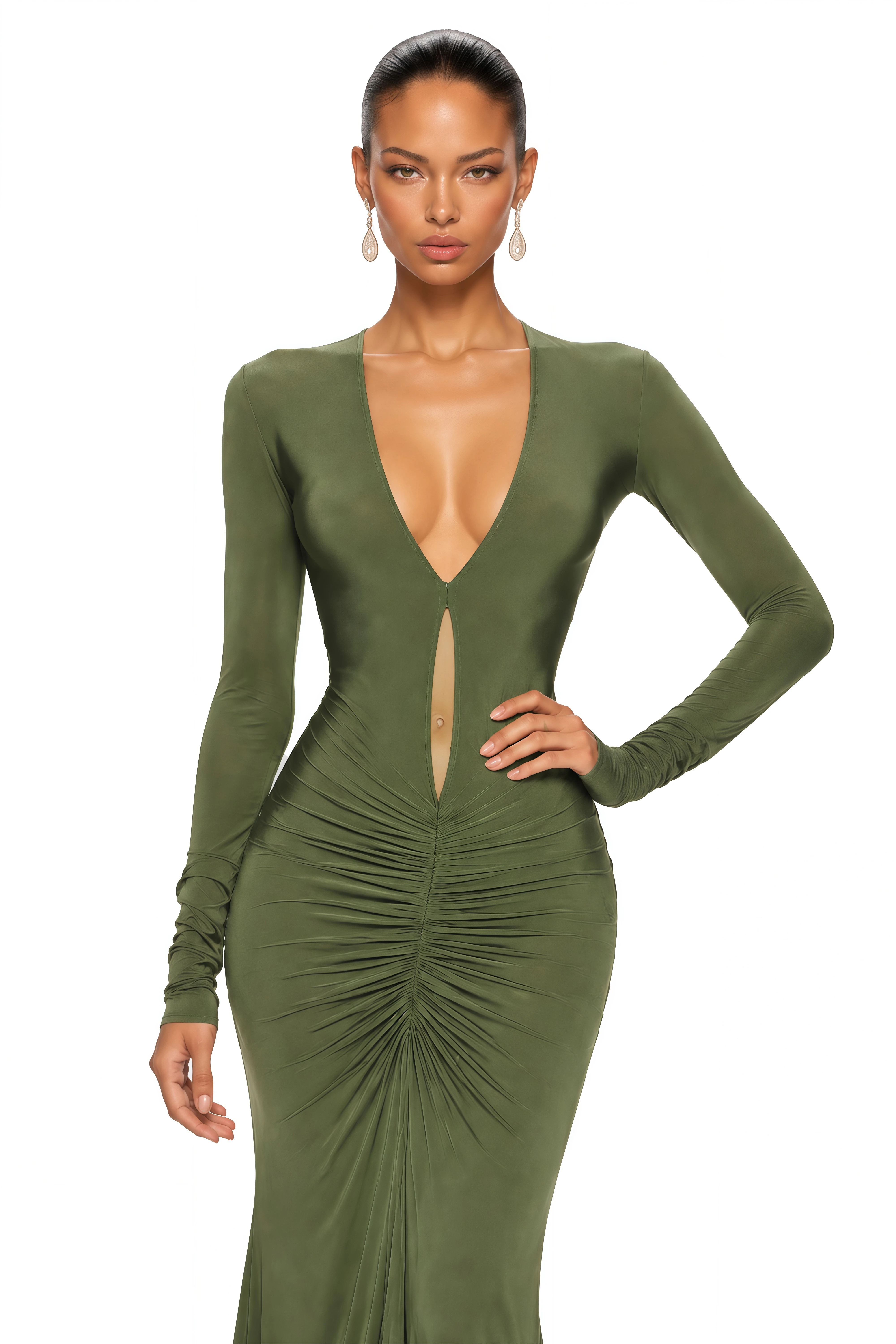 Syeda Olive Green Plunge Cut-Out Ruched Maxi Dress
