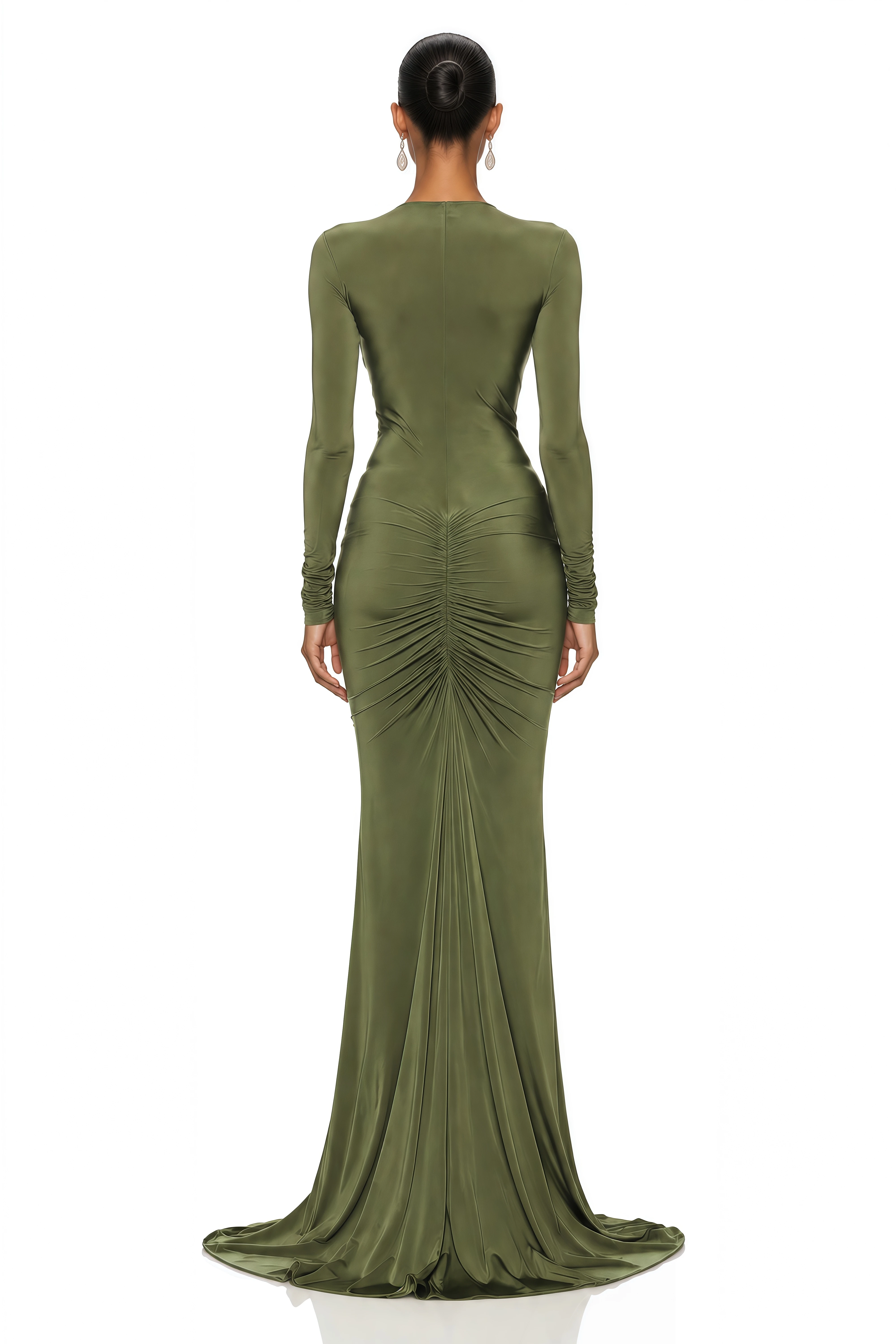 Syeda Olive Green Plunge Cut-Out Ruched Maxi Dress