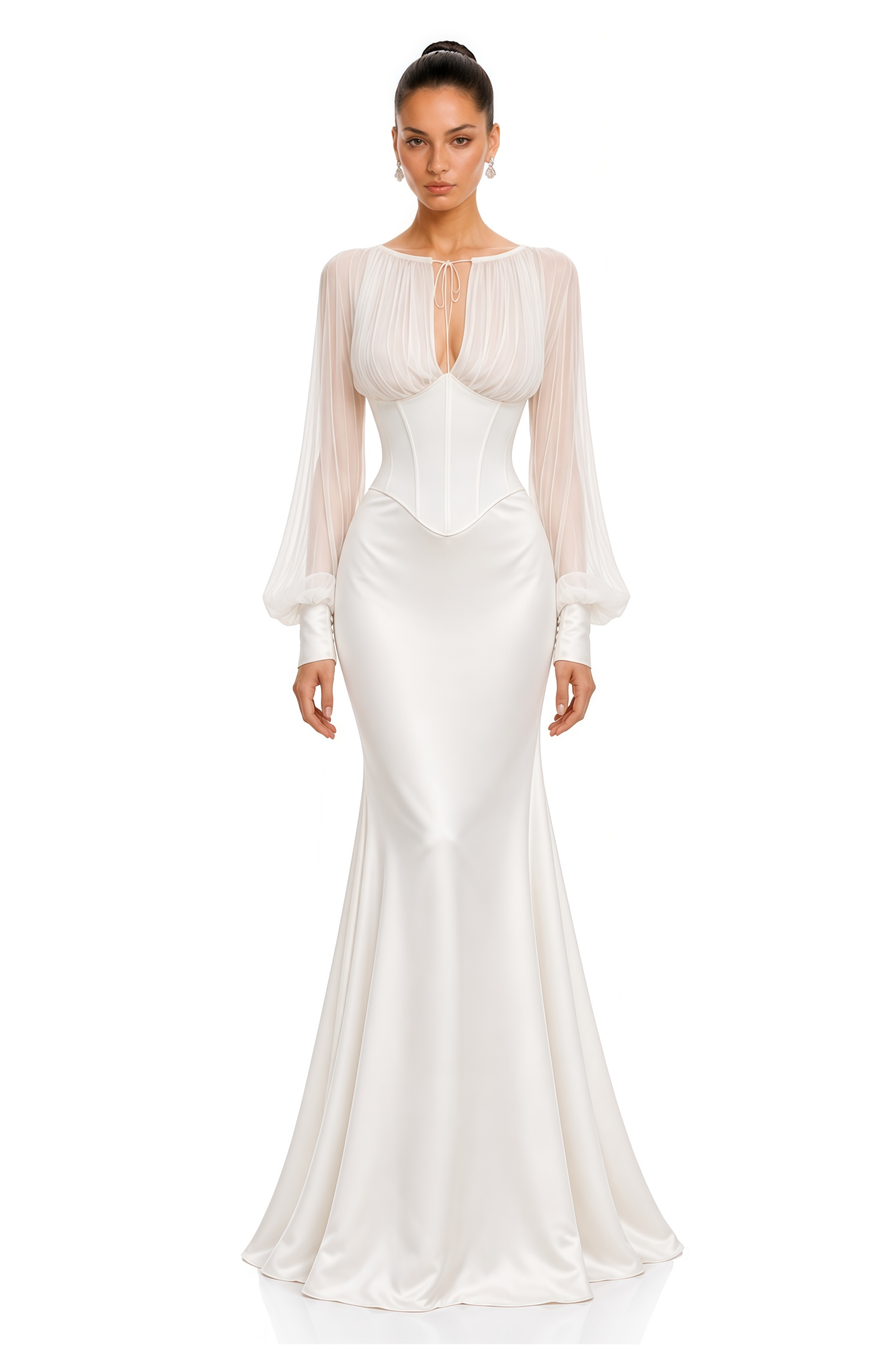 Sylvie White Gathered Long Sleeve Blouse & Mermaid Skirt Set
